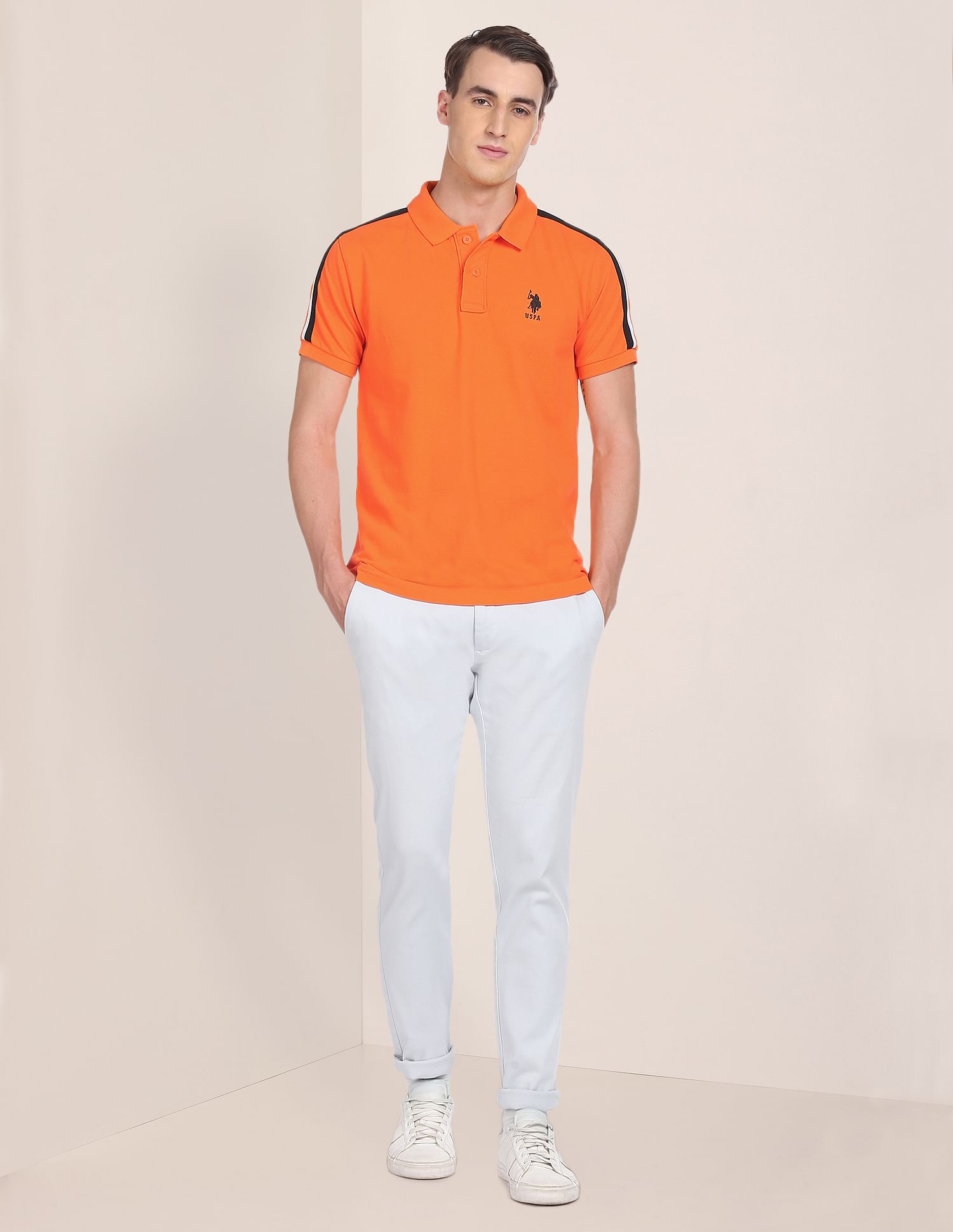 Striped Tape Solid Pure Cotton Polo Shirt Orange - U.S. Polo Assn. India | Large
