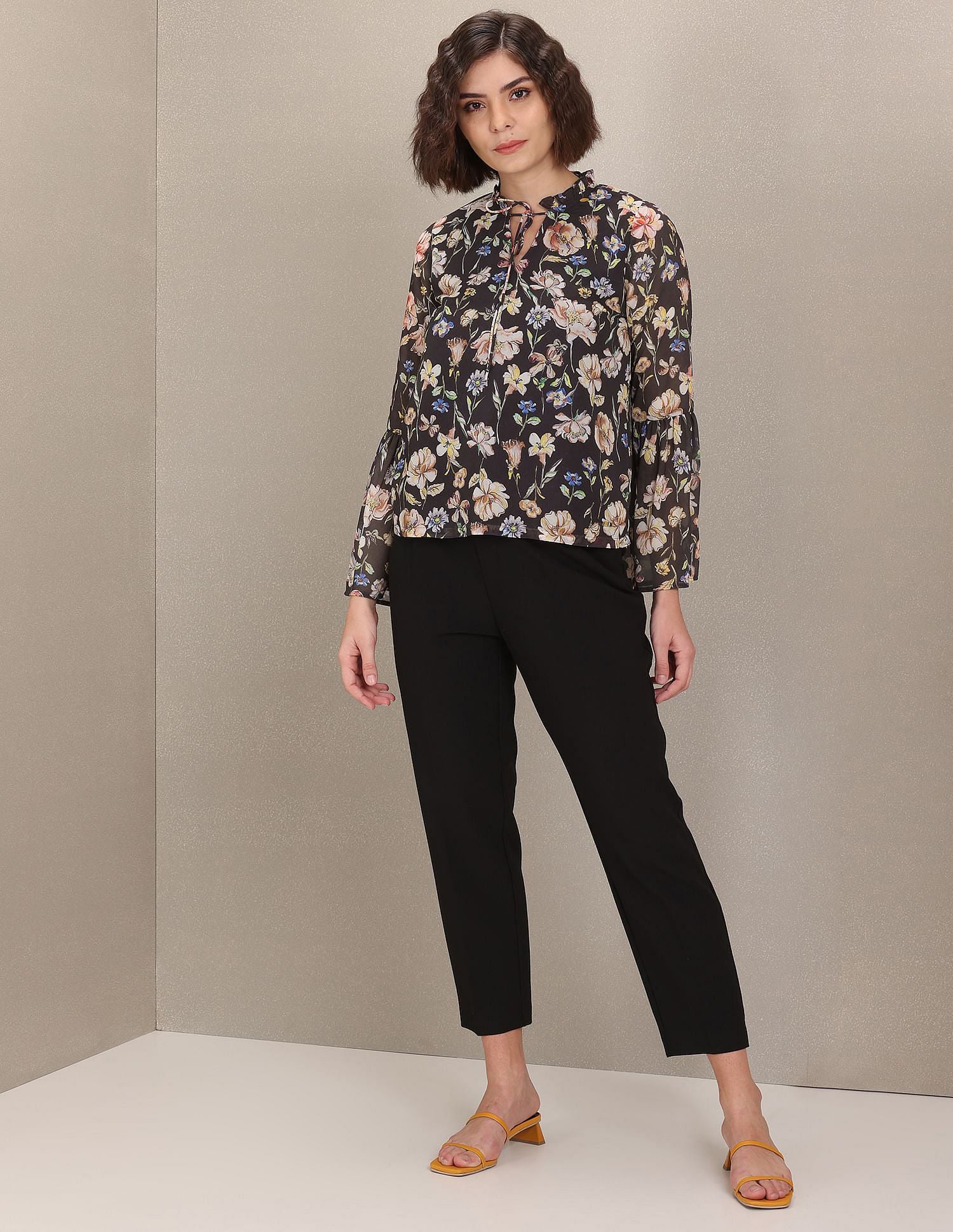 Floral Print Bell Sleeve Top Black - U.S. Polo Assn. India | Large
