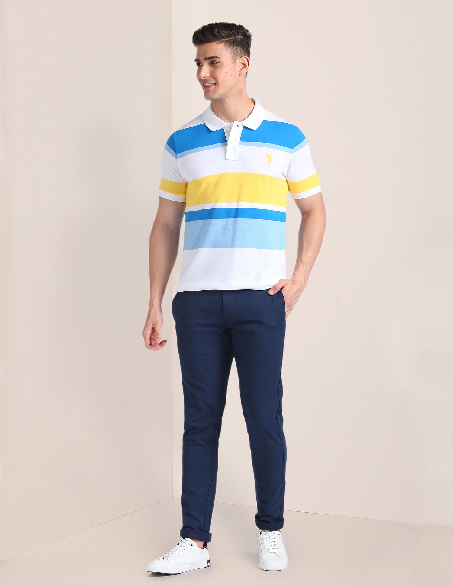Horizontal Stripe Slim Polo Shirt White - U.S. Polo Assn. India | Large