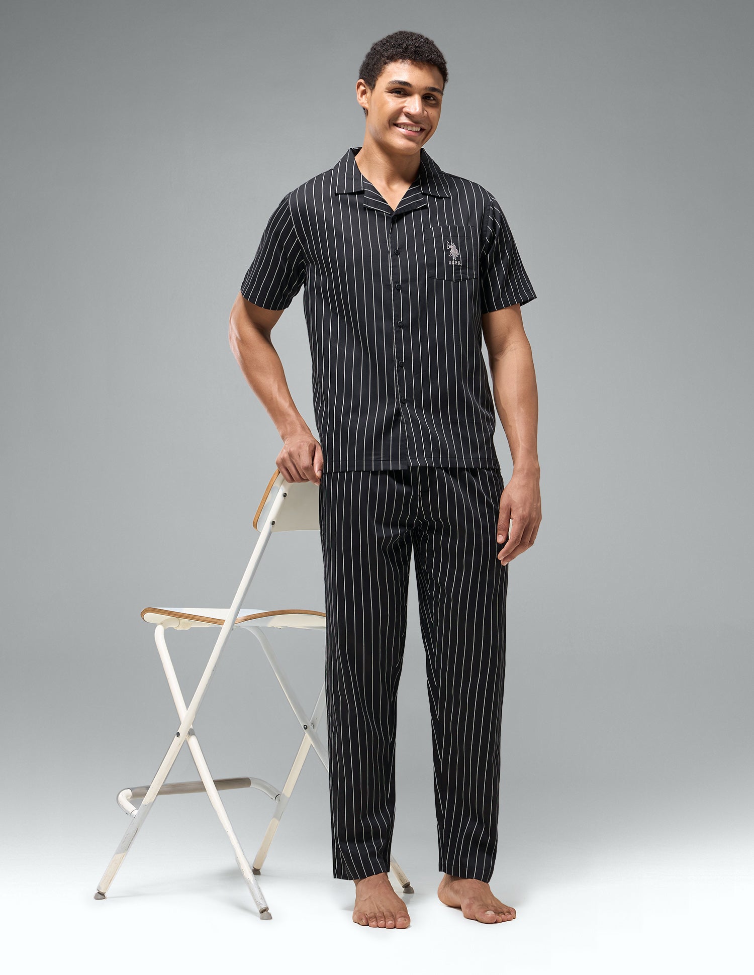 Pure Cotton Striped OESS03 Sleep Set Black - U.S. Polo Assn. India | Large
