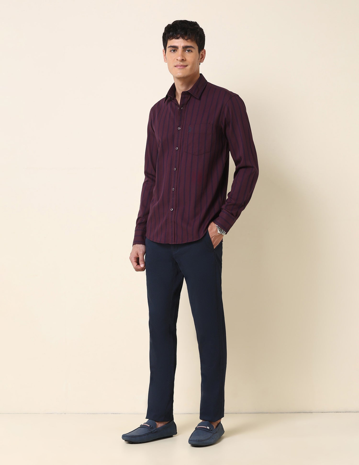 Vertical Striped Tailored Fit Shirt Maroon - U.S. Polo Assn. India | Large