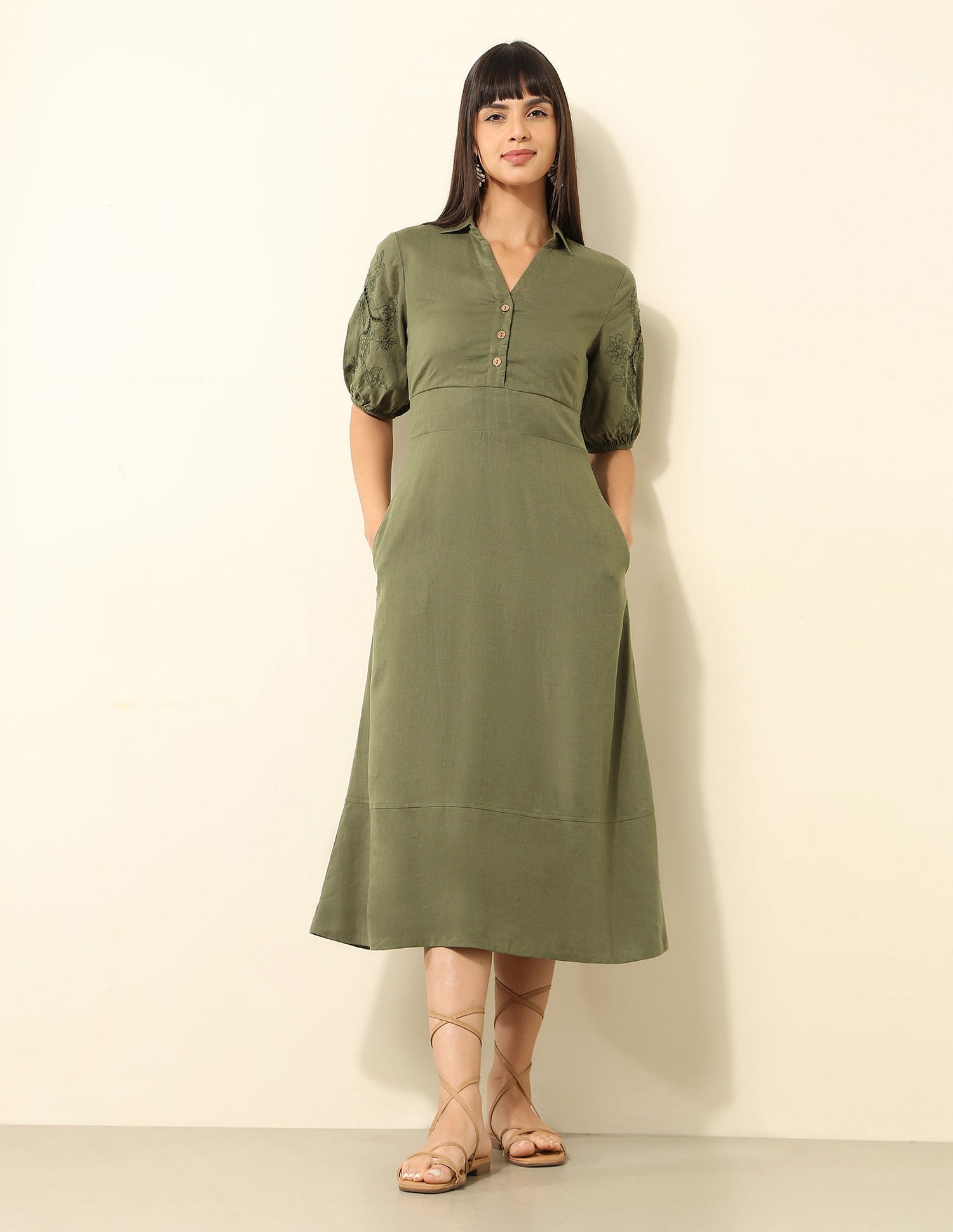 Viscose Linen A-Line Midi Dress Olive - U.S. Polo Assn. India | Large