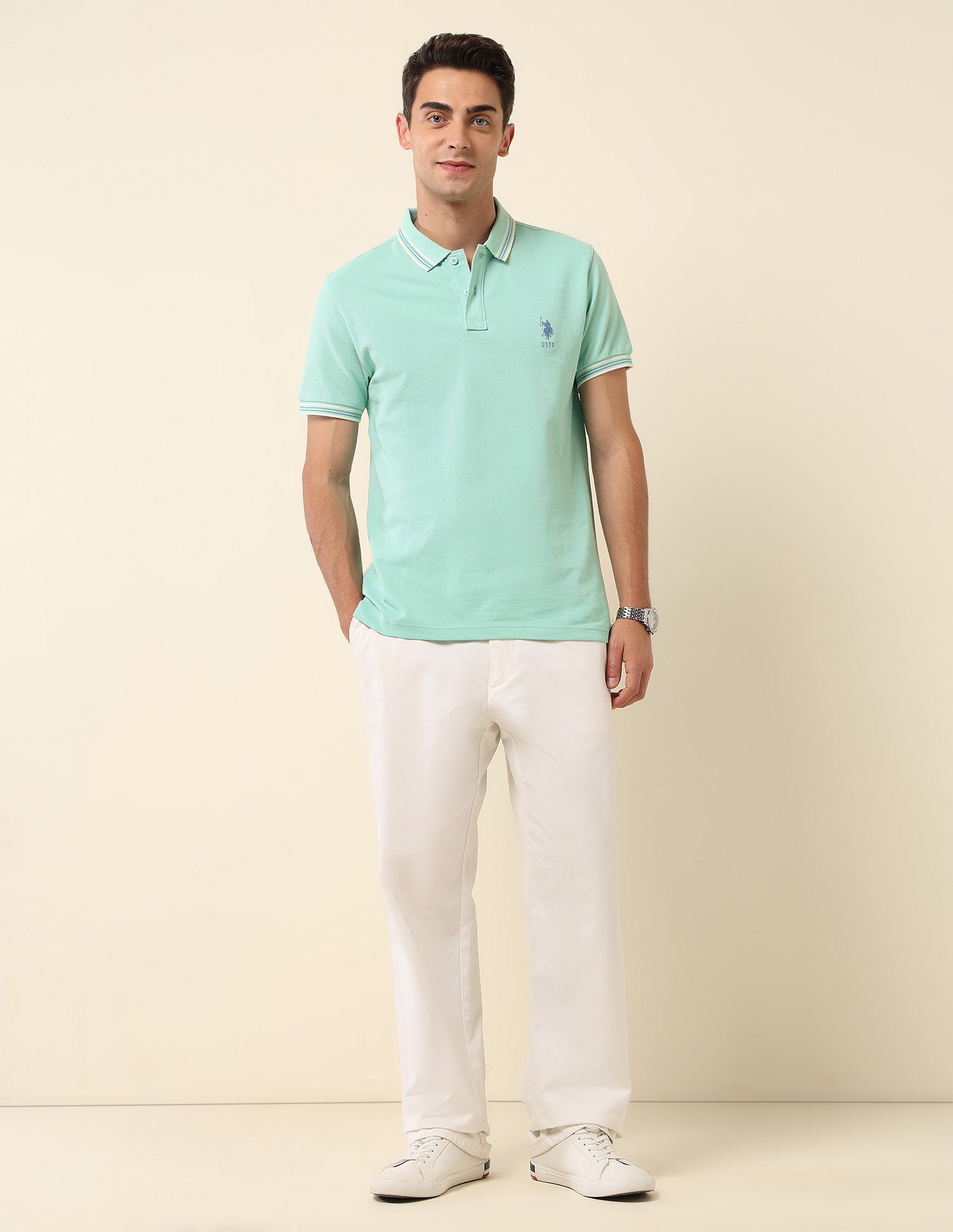 Solid Slim Fit Polo Shirt Mint Green - U.S. Polo Assn. India | Large