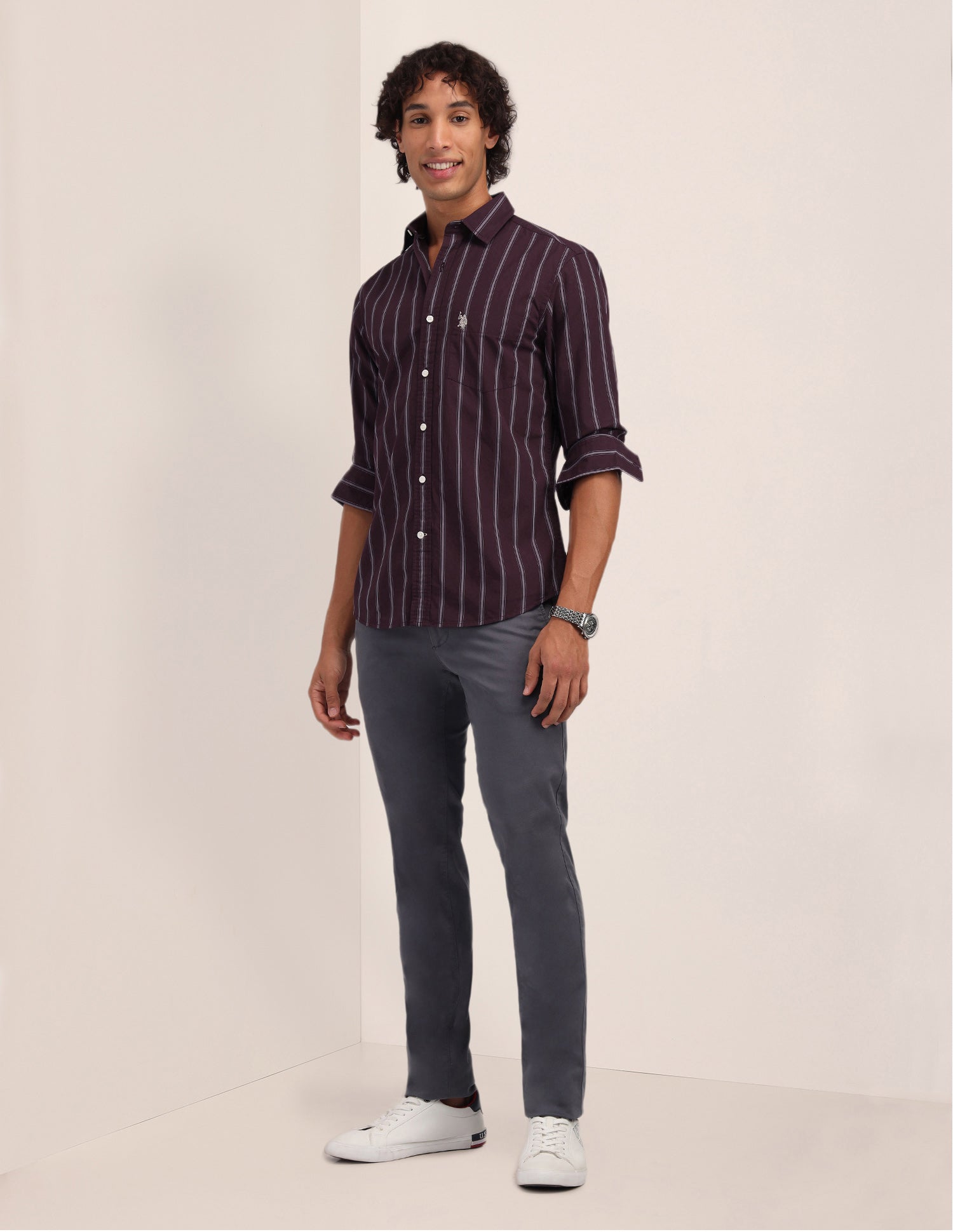 Vertical Striped Poplin Shirt Wine - U.S. Polo Assn. India | Large