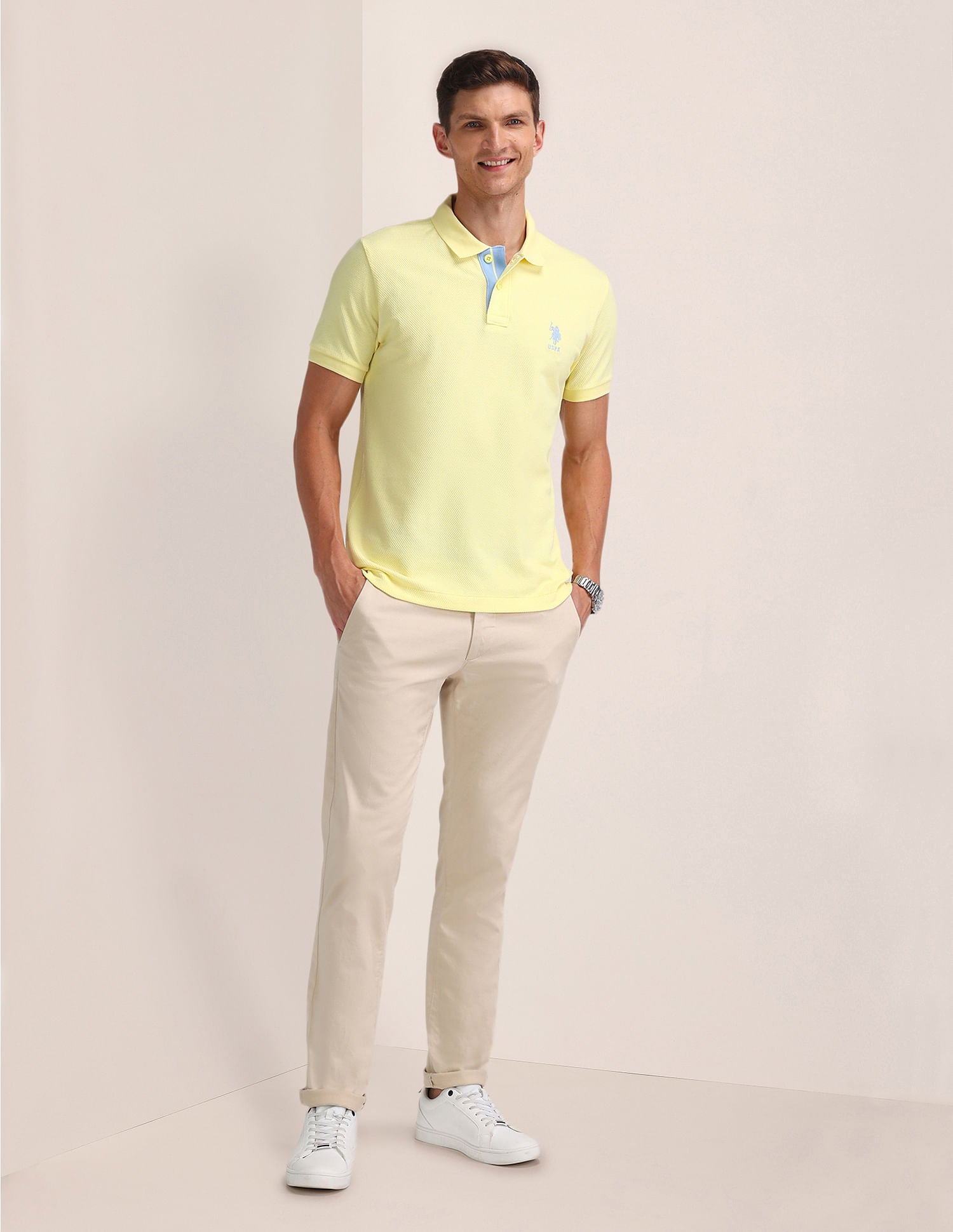 Popcorn Knit Slim Polo Shirt Light Yellow - U.S. Polo Assn. India | Large