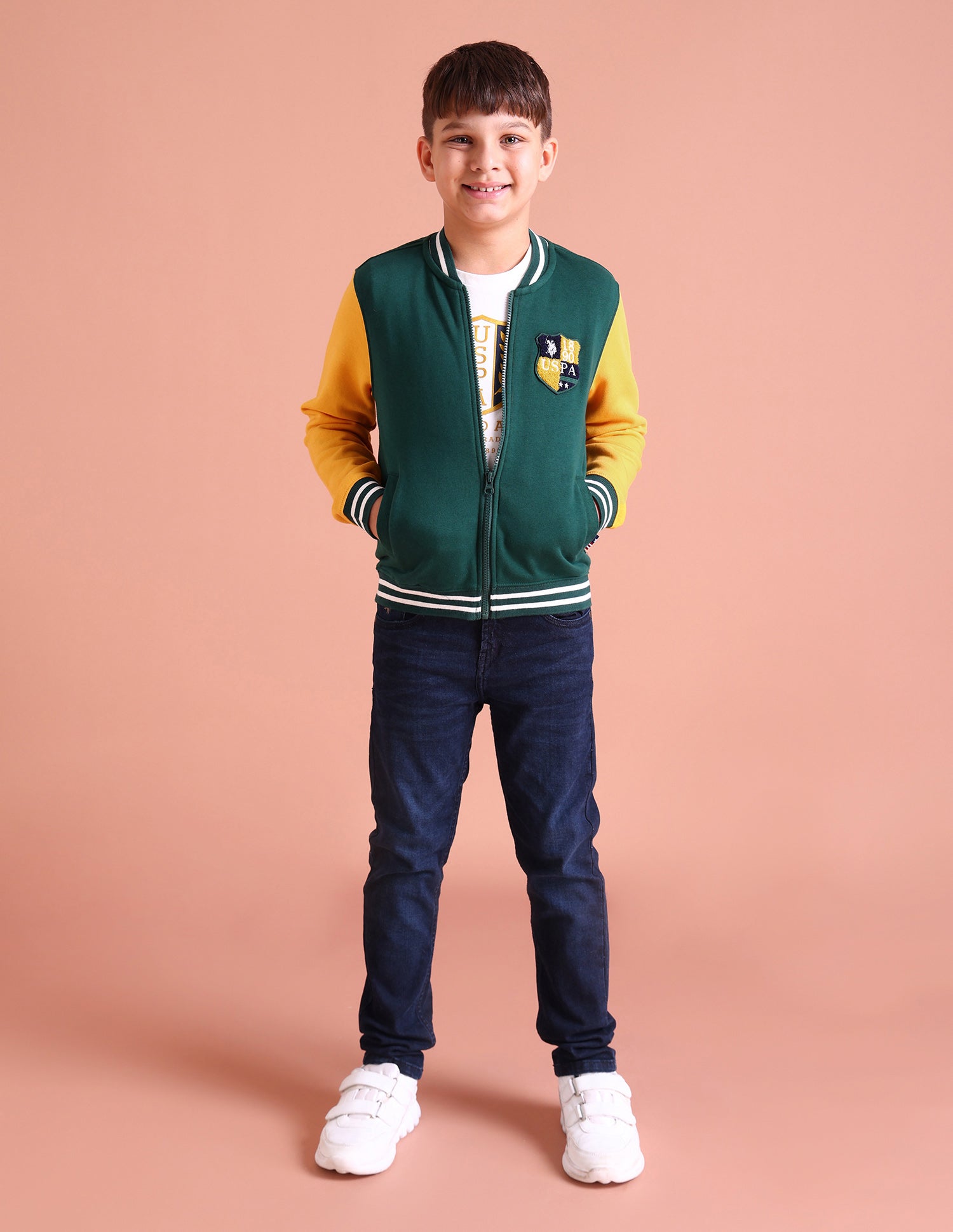 Boys Green Stand Neck Colour Block Sweatshirt Dark Green - U.S. POLO ASSN. | Large