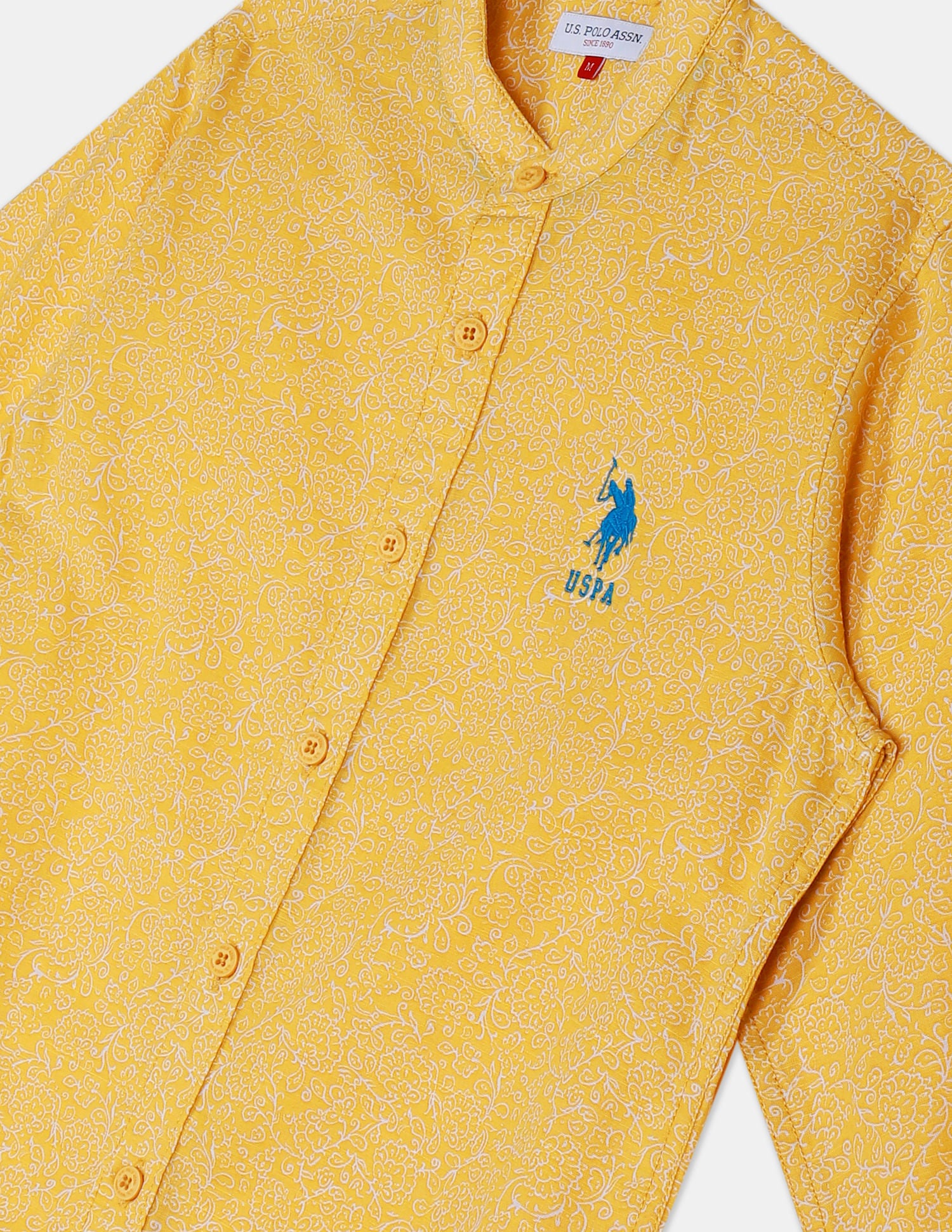 Boys Mustard Mandarin Collar Print Shirt Mustard - U.S. Polo Assn. India | Large