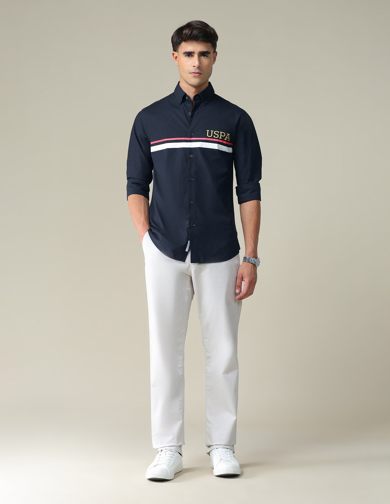 Engineer Stripe Cotton Shirt Navy - U.S. POLO ASSN. | Large