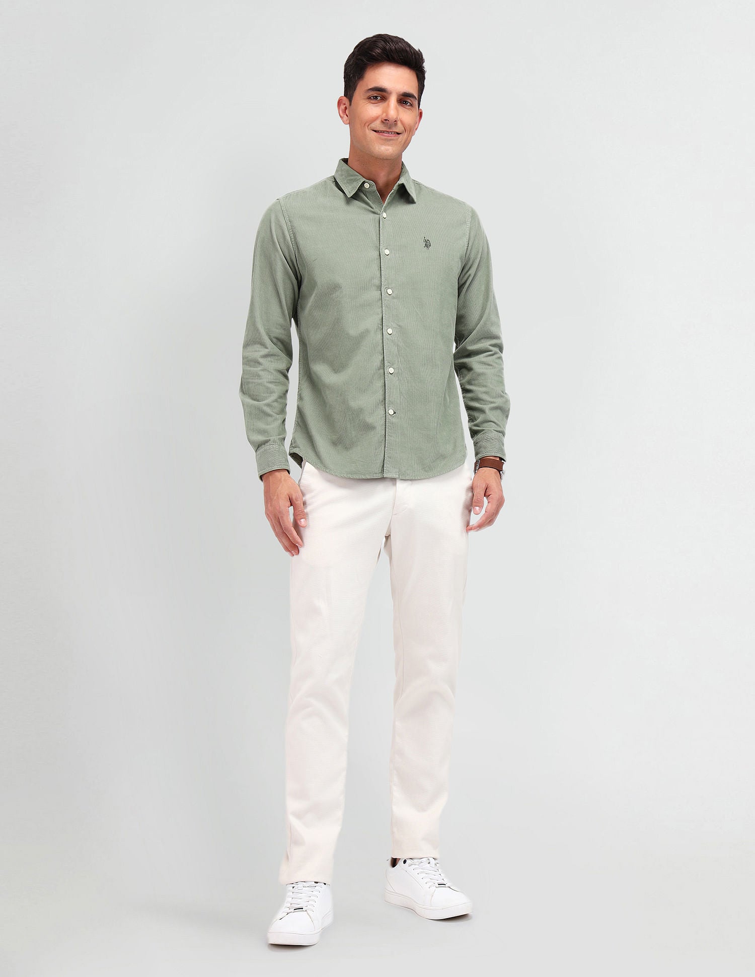 Slim Fit Corduroy Shirt Light Green - U.S. Polo Assn. India | Large