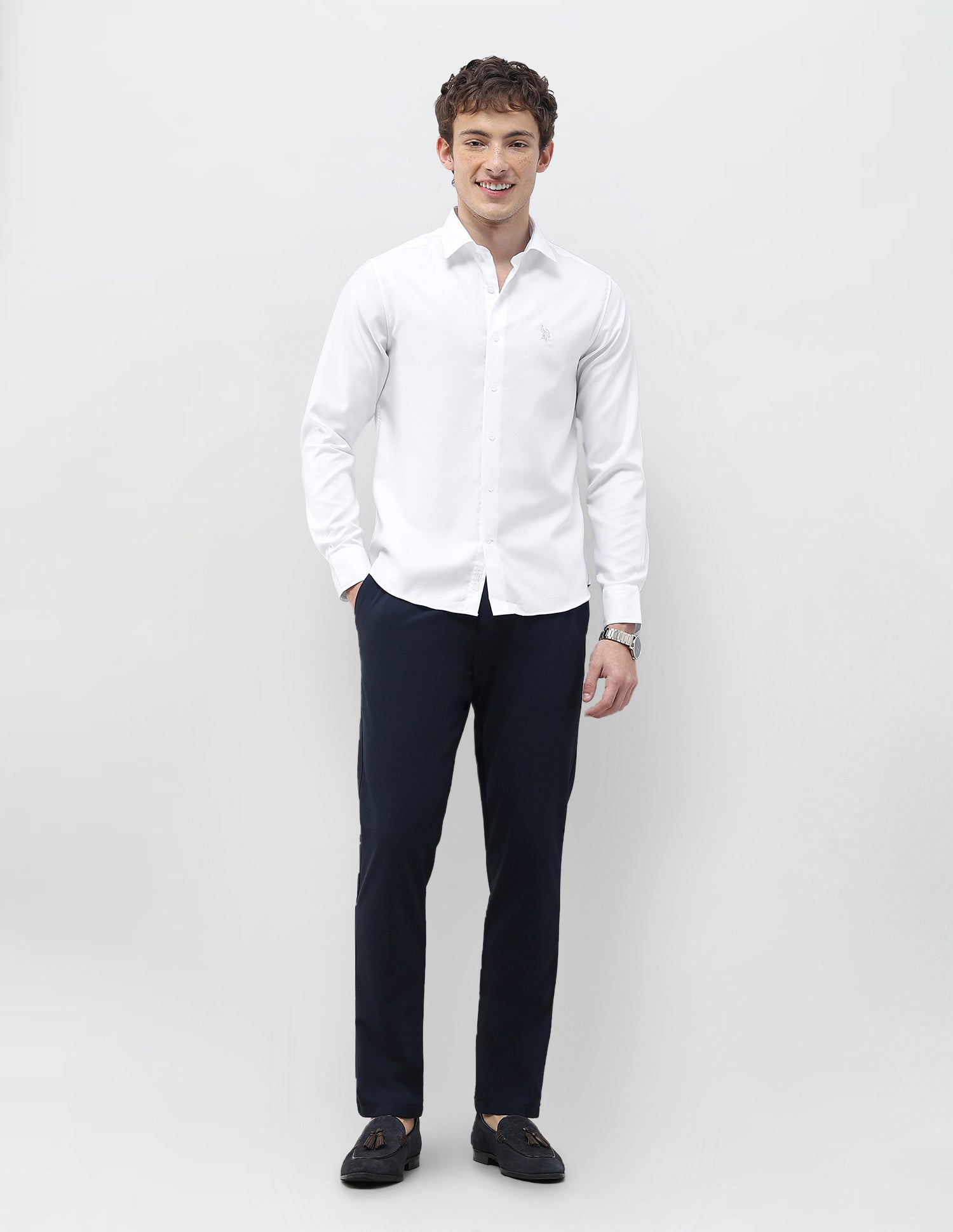 Herringbone Tailored Fit Shirt White - U.S. Polo Assn. India | Large