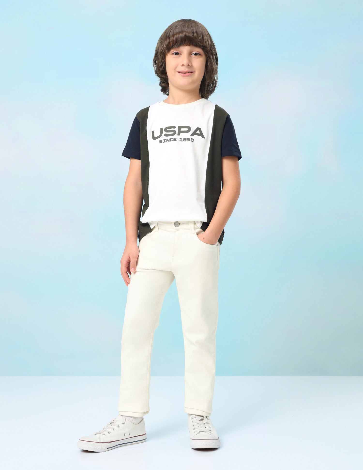 Colour Blocked Brand Printed Regular Fit T-Shirt Off White - U.S. Polo Assn. India | Large