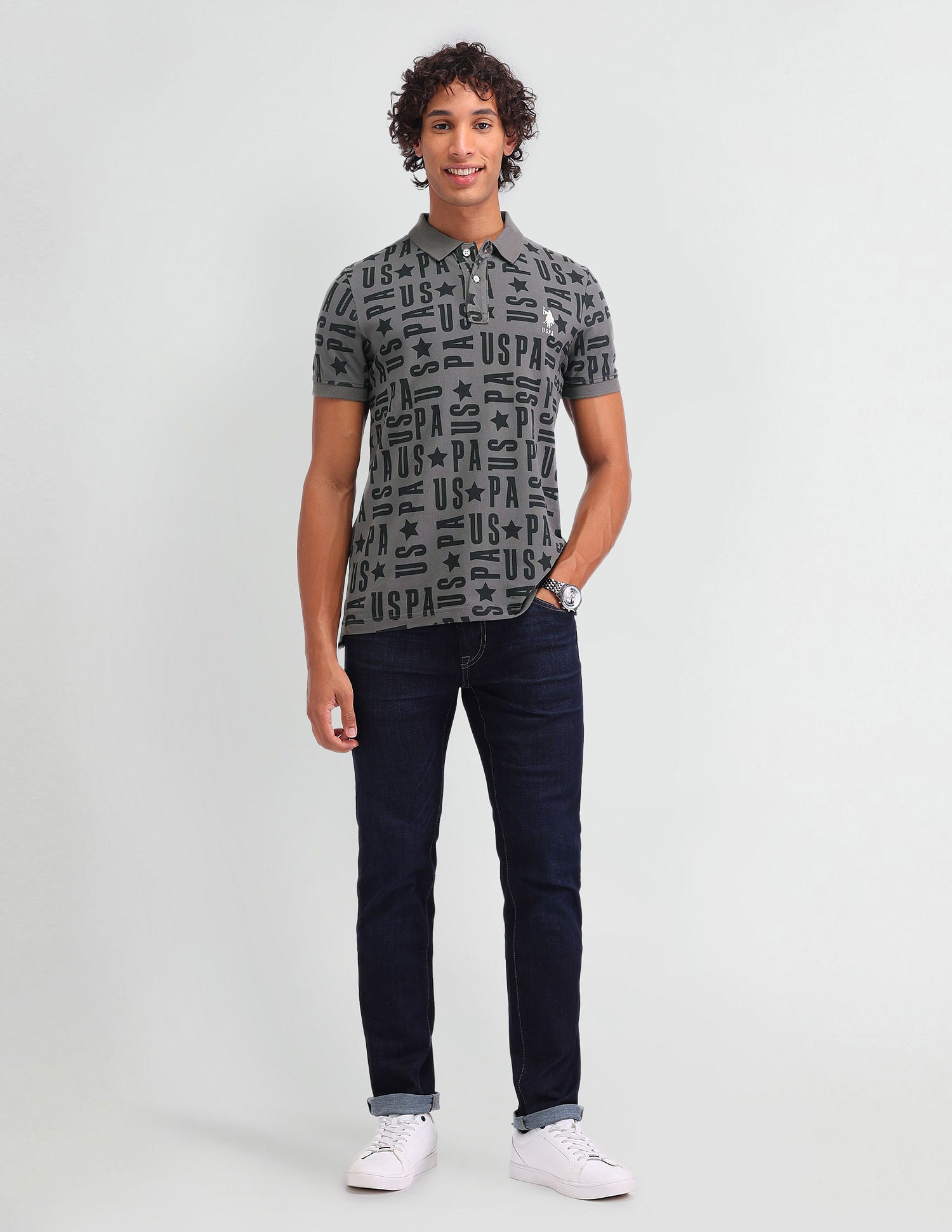 All Over Printed Muscle Fit Polo Shirt Grey - U.S. Polo Assn. India | Large