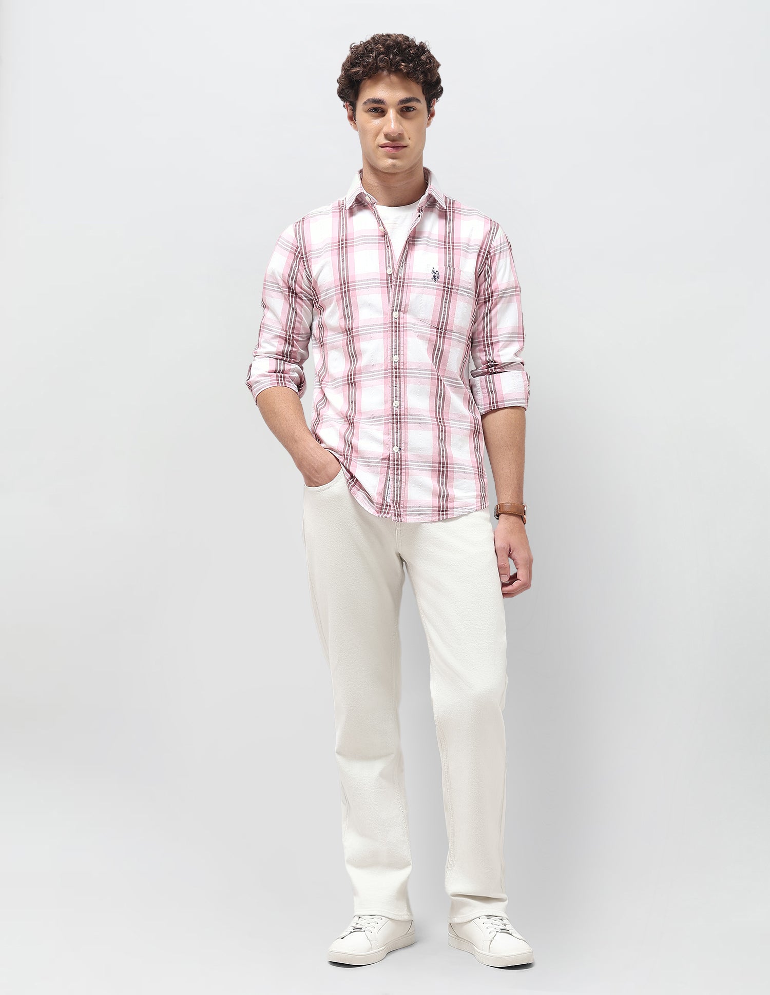 Tailored Fit Seersucker Shirt Peach - U.S. Polo Assn. India | Large