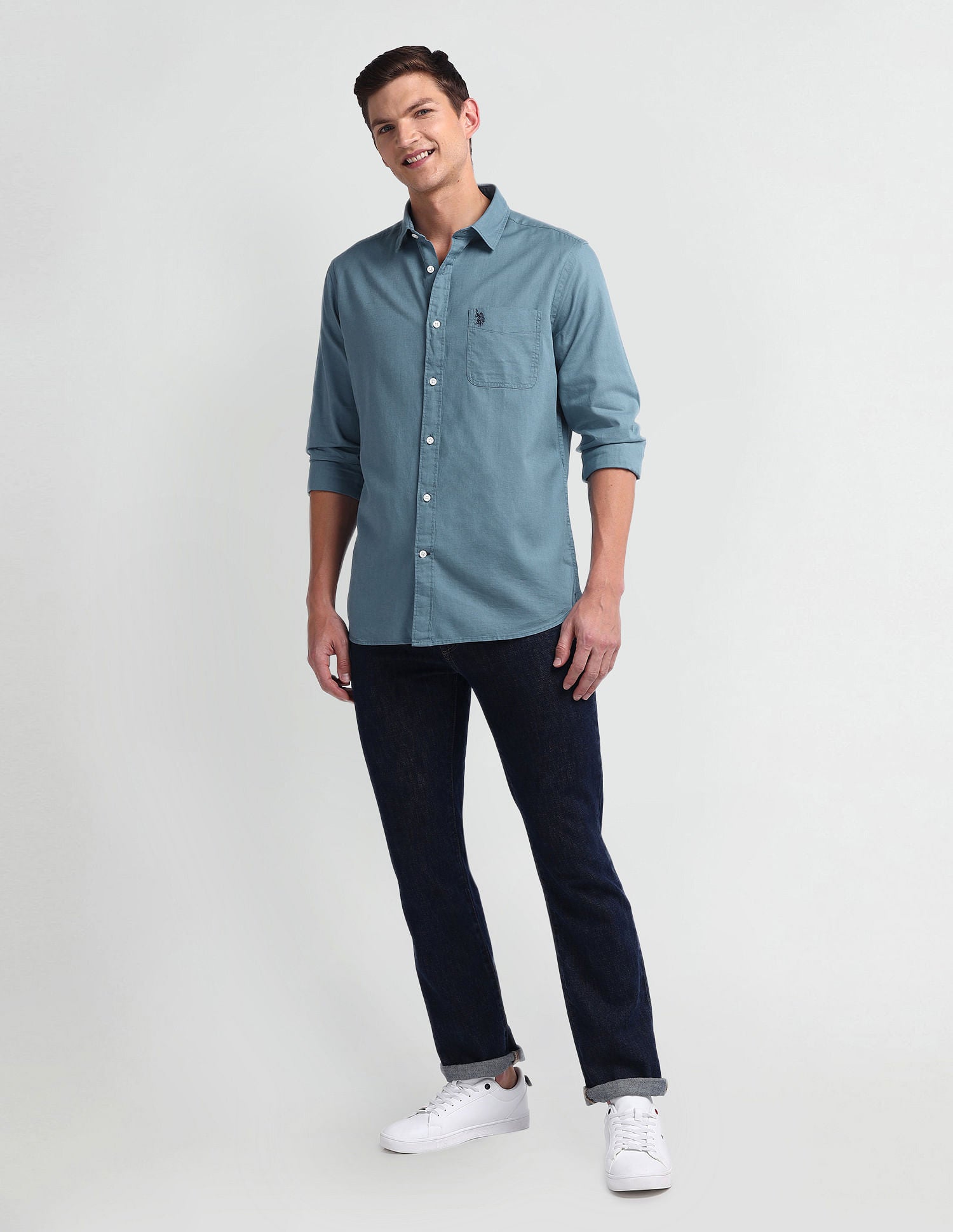 Semi Cutaway Collar Slim Fit Shirt Teal - U.S. Polo Assn. India | Large