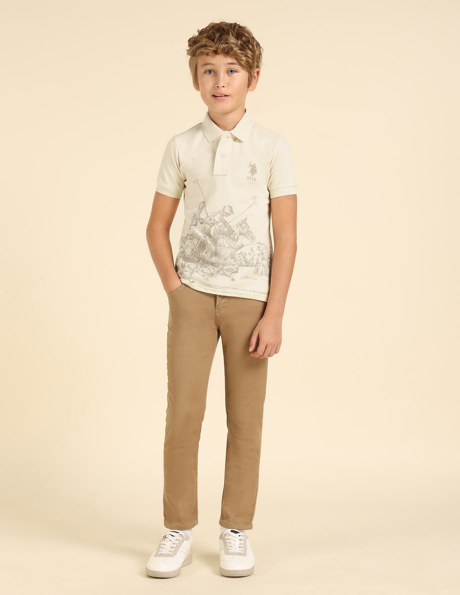 Boys Graphic Printed Regular Fit Polo Shirt Beige - U.S. POLO ASSN. | Large