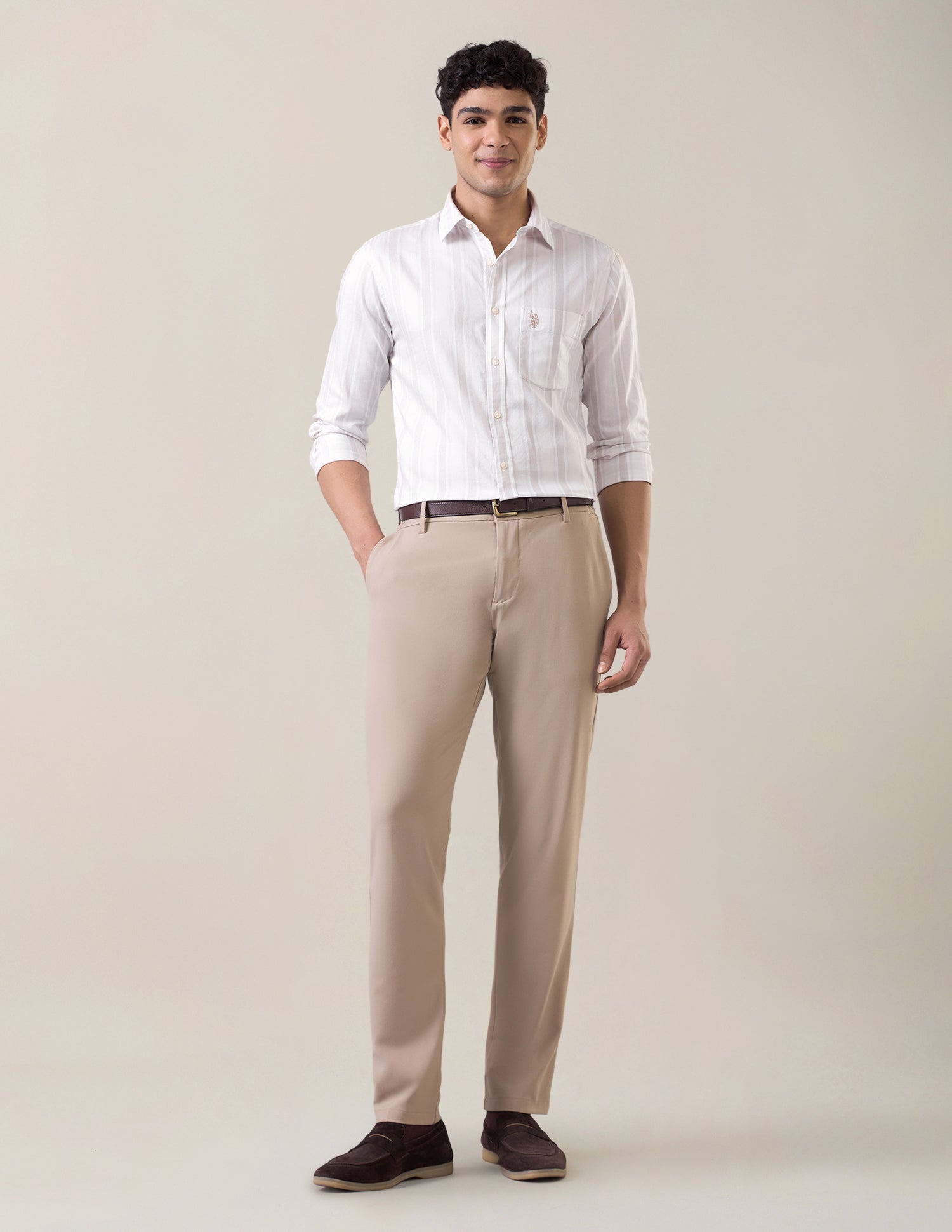 Vertical Striped Tailored Fit Shirt Cream - U.S. Polo Assn. India | Large