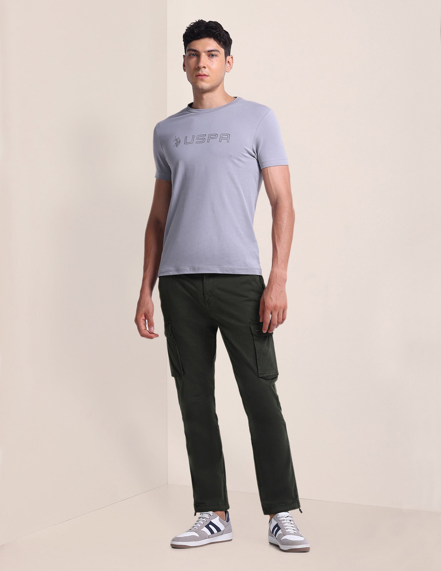 Slim Straight Fit Solid Cargo Pants Olive - U.S. Polo Assn. India | Large