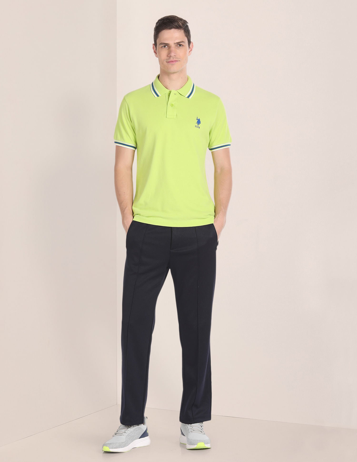 Striped Collar Solid Polo Shirt Green - U.S. POLO ASSN. | Large