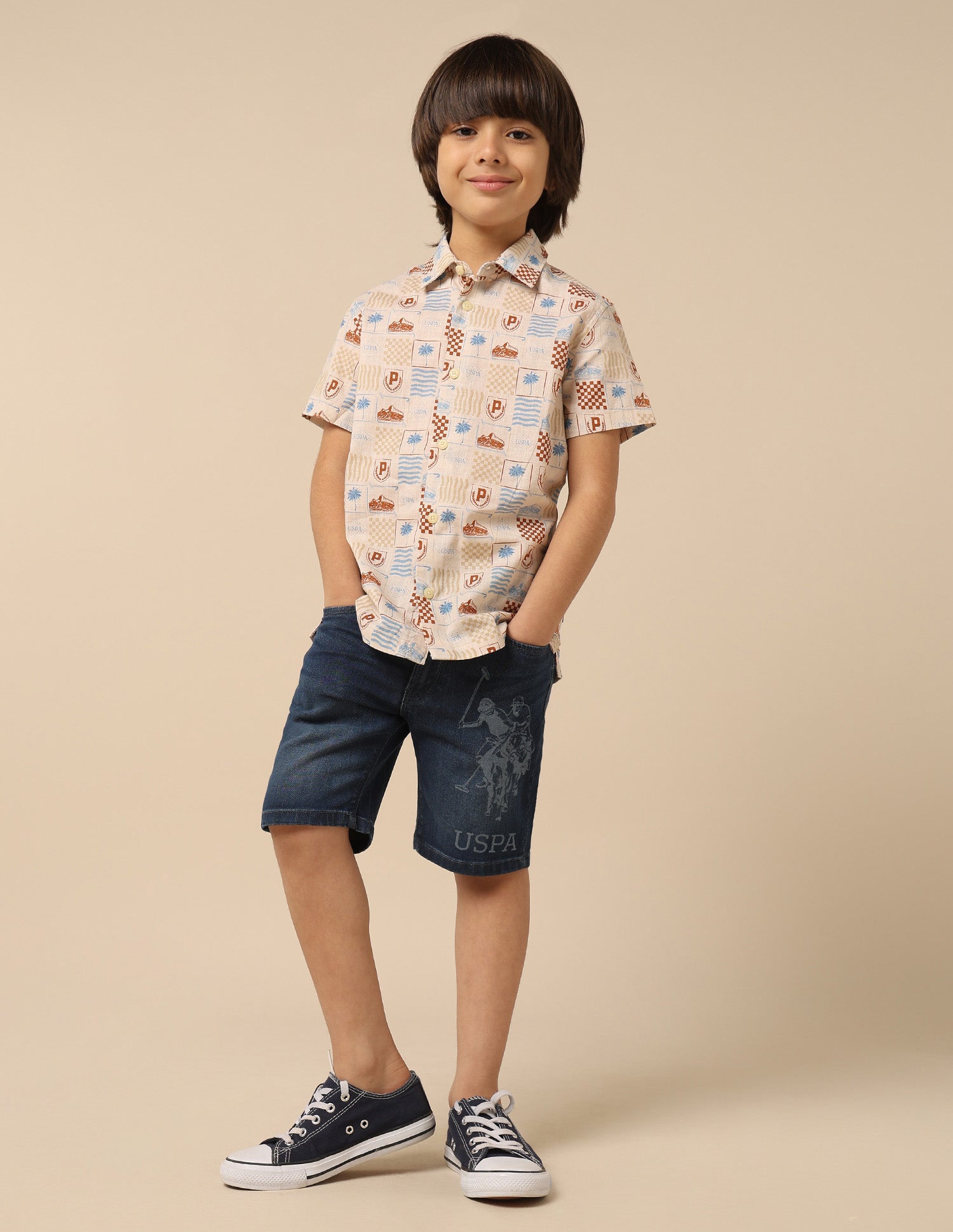 Boys All Over Printed Regular Fit Shirt Beige - U.S. POLO ASSN. | Large