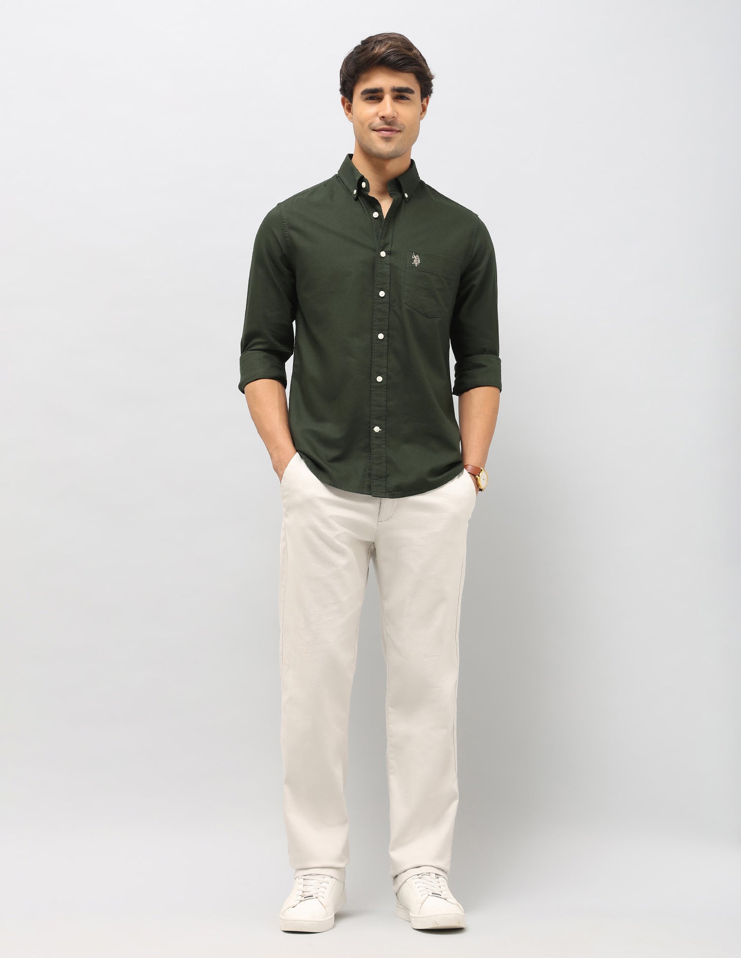 Pure Cotton Tailored Fit Shirt Dark Green - U.S. Polo Assn. India | Large