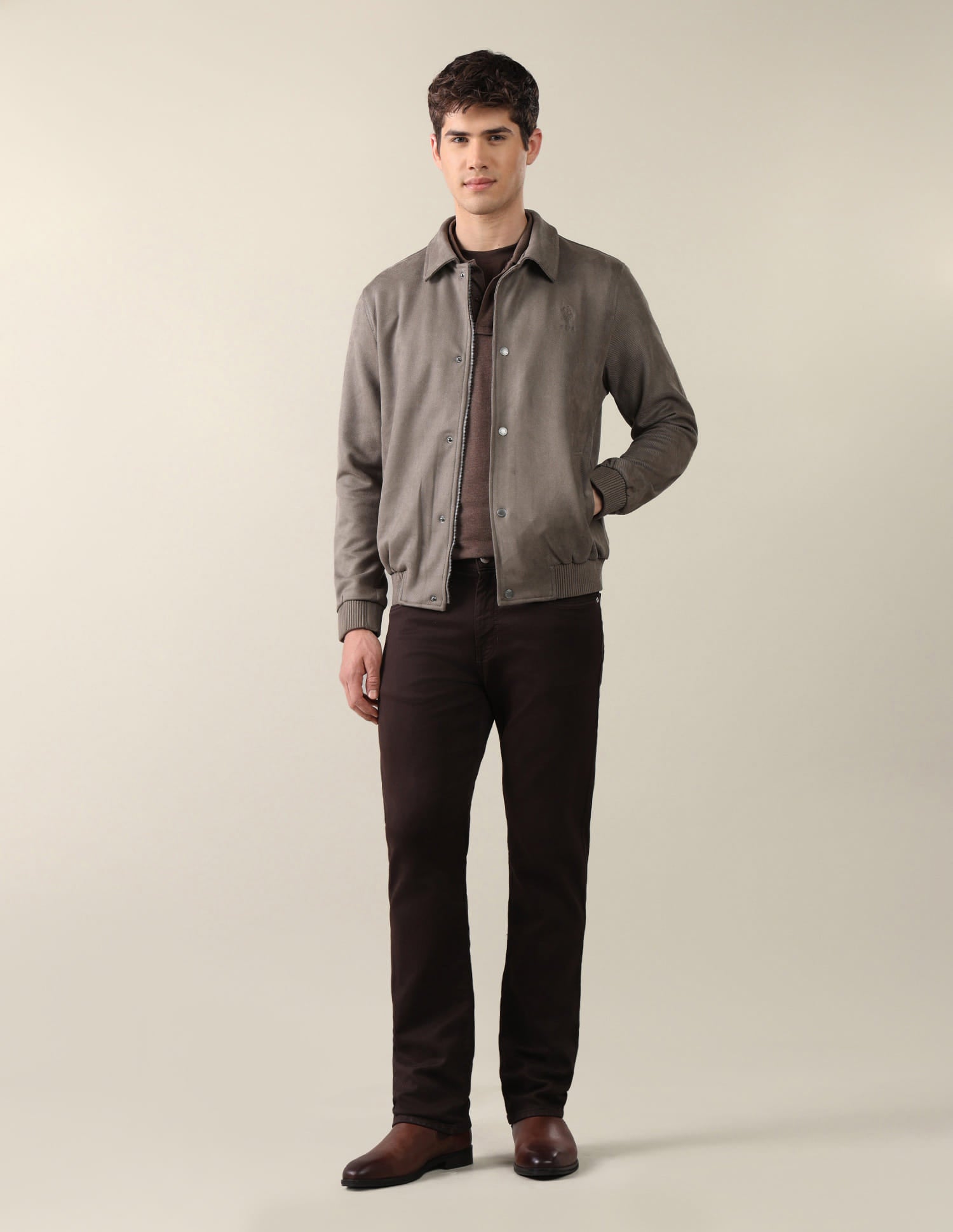 Solid Regular Fit Bomber Jacket Brown - U.S. Polo Assn. India | Large