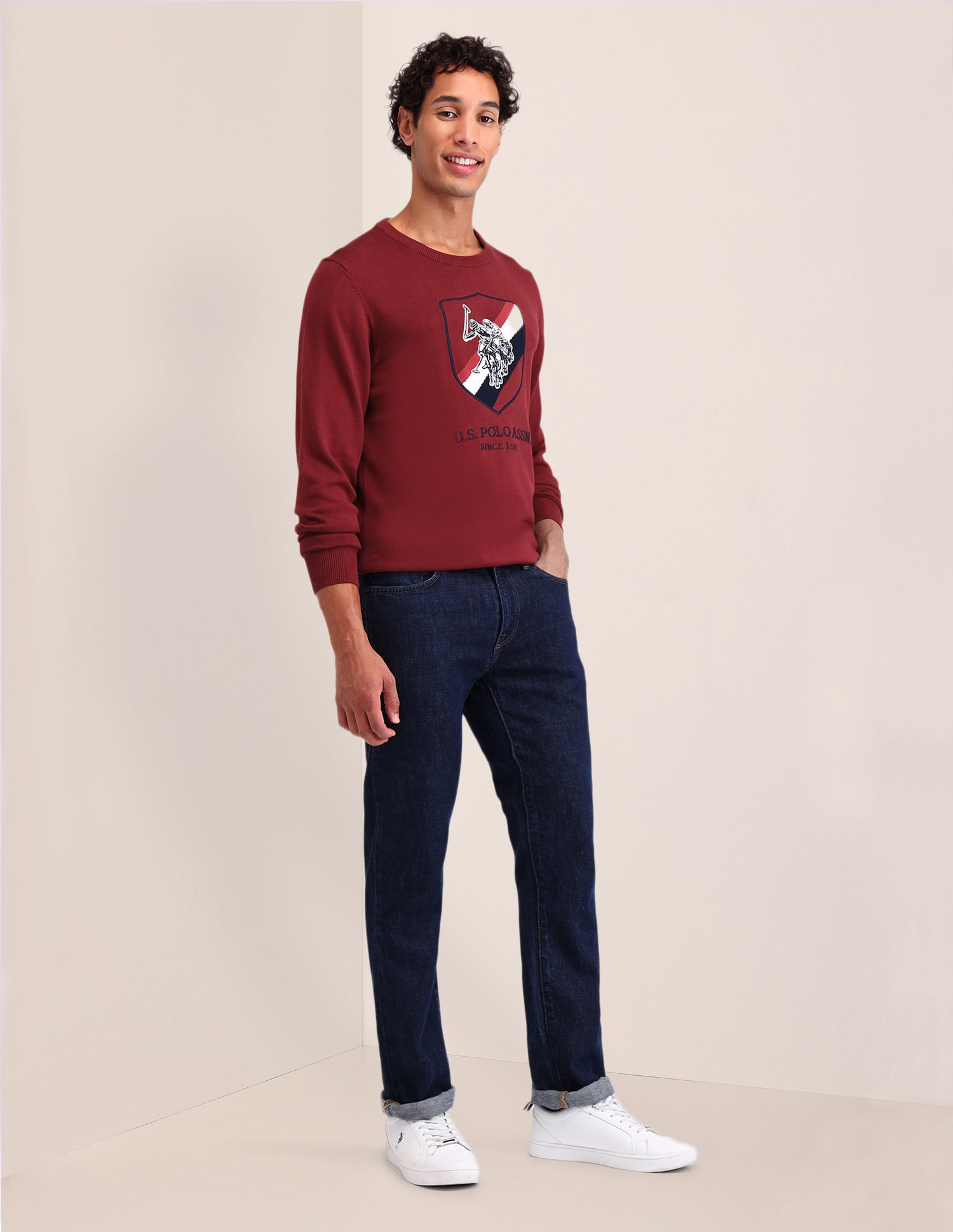 Brand Printed Regular Fit Sweater Dark Red - U.S. Polo Assn. India | Large