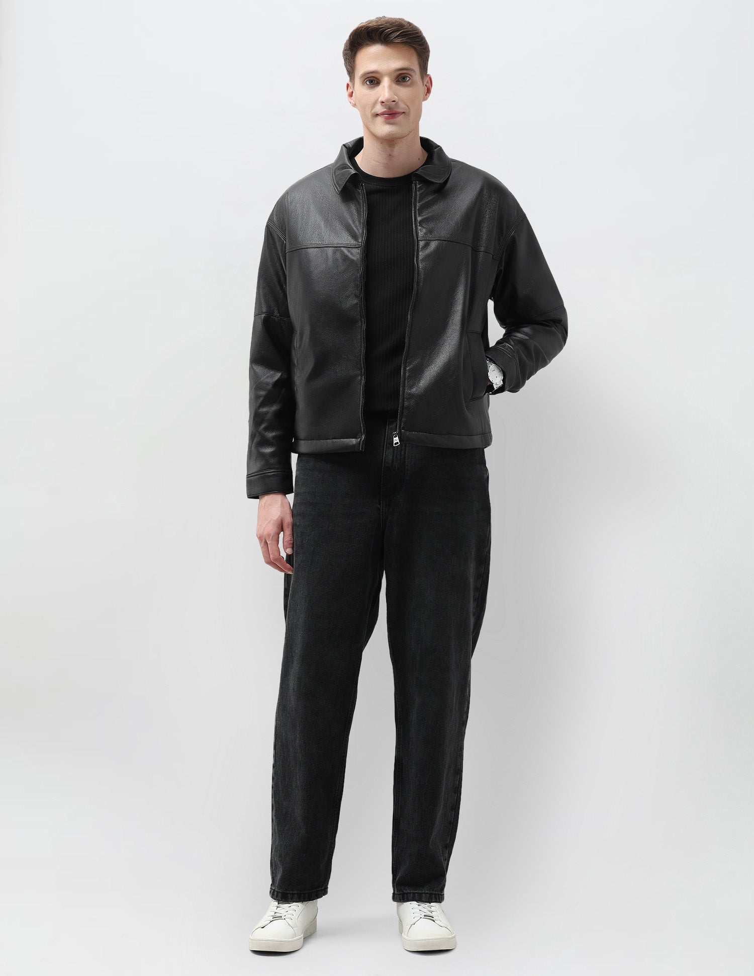 Regular Fit Solid Leather Jacket Black - U.S. Polo Assn. India | Large