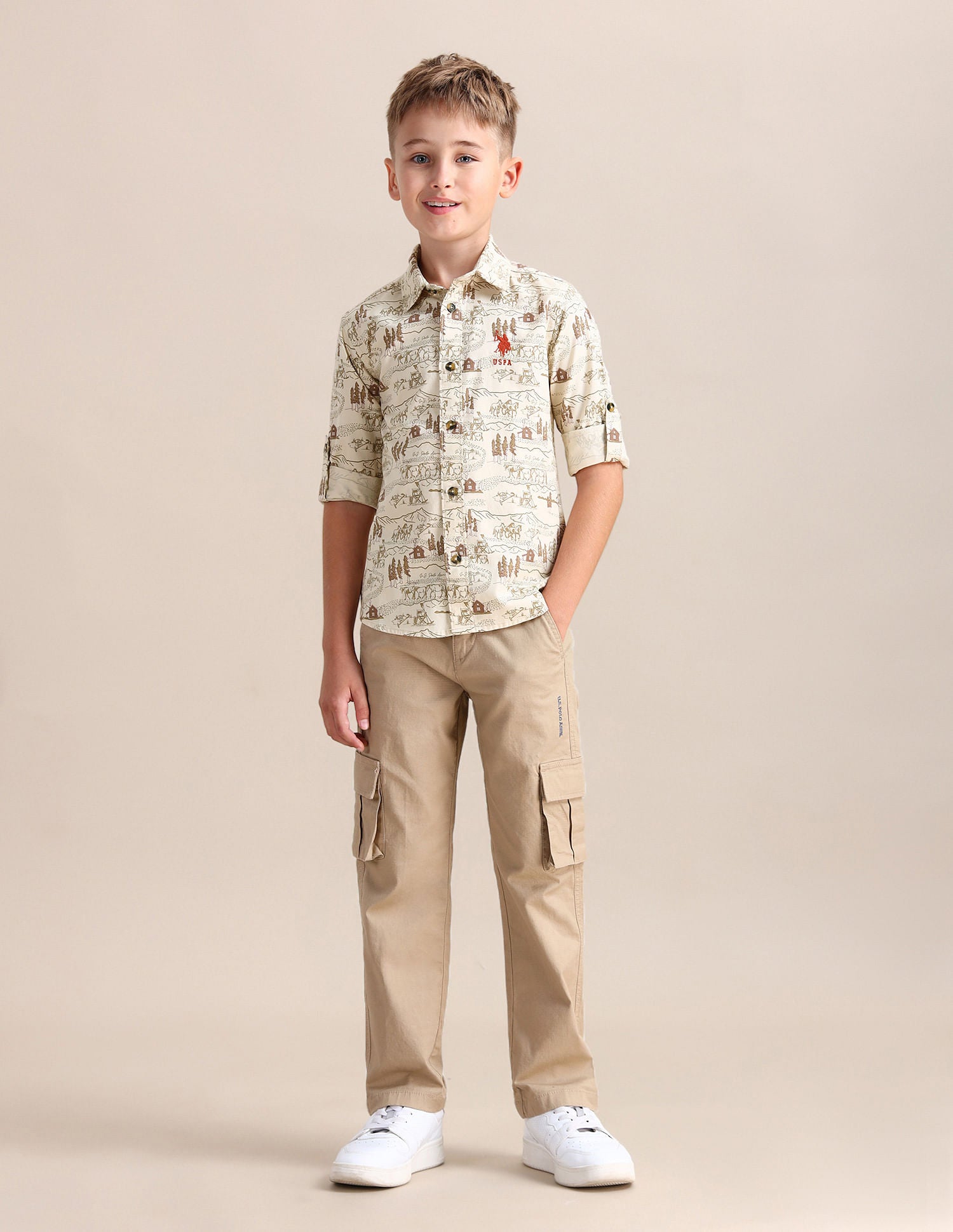 Boys Pure Cotton Regular Fit Shirt Beige - U.S. Polo Assn. India | Large