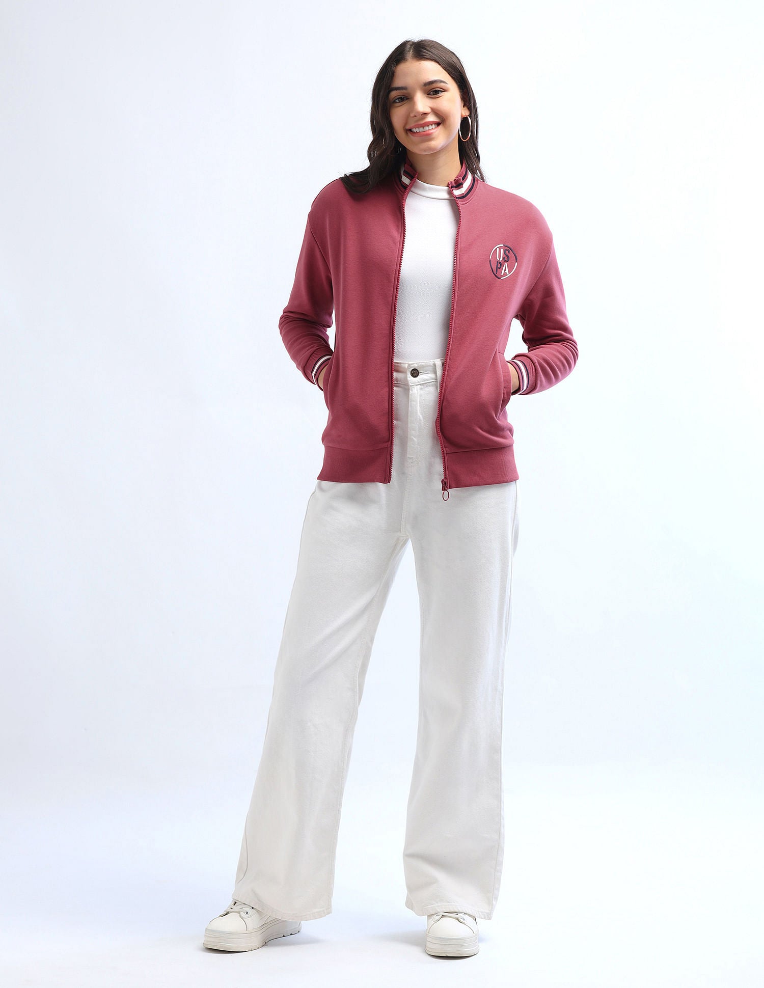 Tipped Collar Zip Up Sweatshirt Pink - U.S. Polo Assn. India | Large