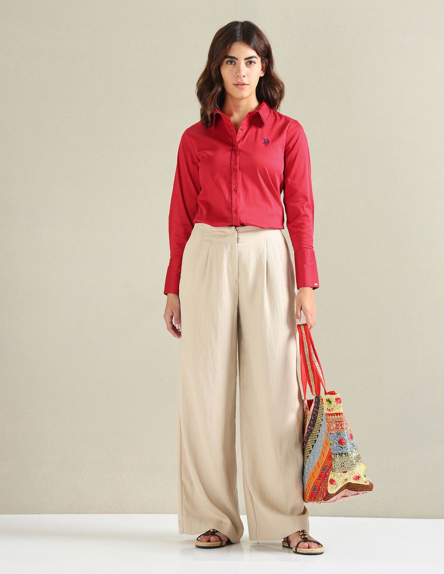 Saddle Stitch Satin Solid Shirt Red - U.S. POLO ASSN. | Large