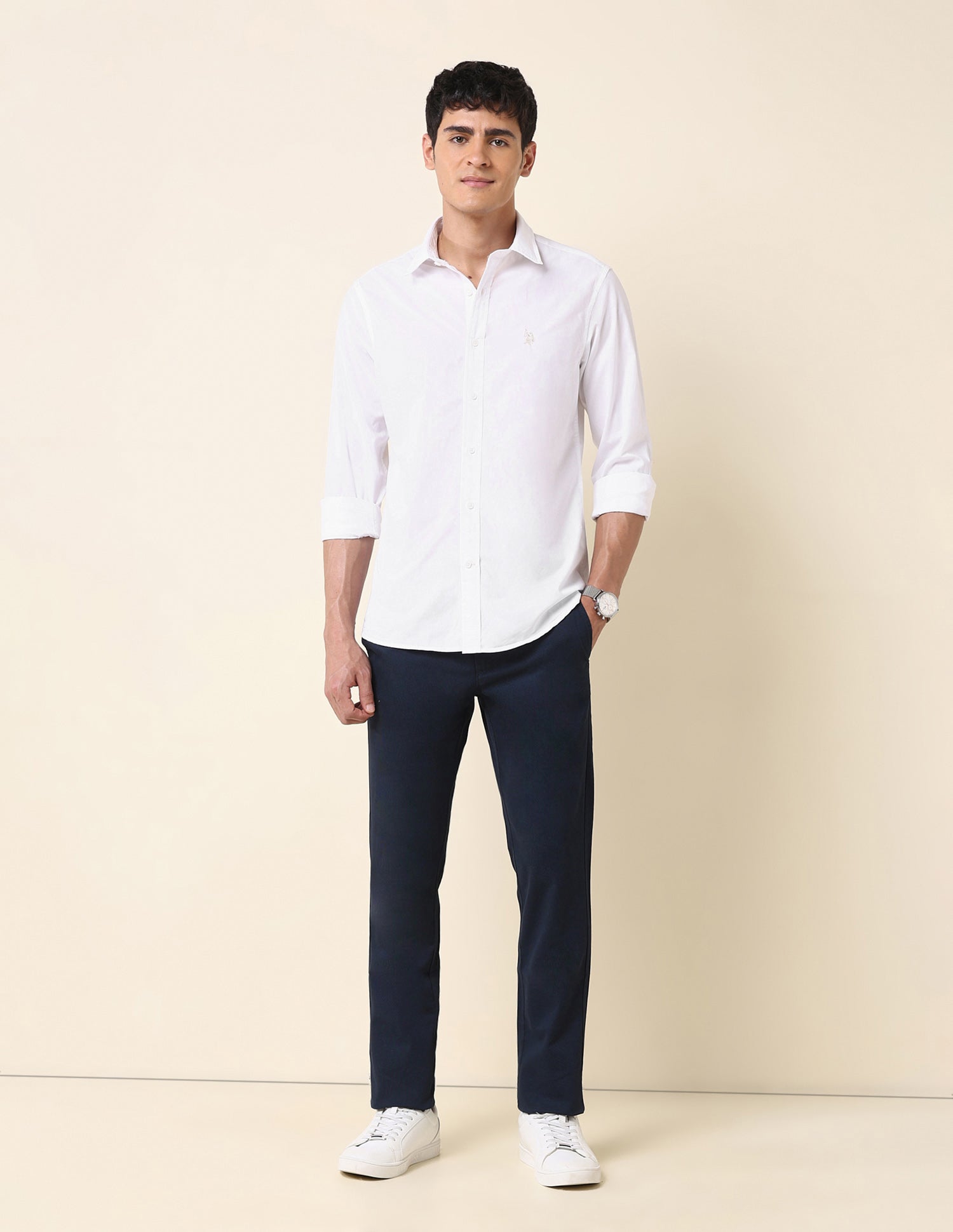 Pure Cotton Tailored Fit Solid Shirt White - U.S. Polo Assn. India | Large