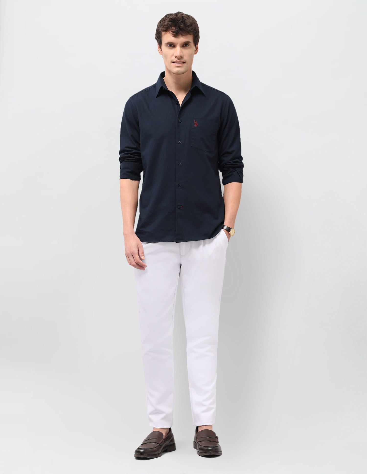 Solid Linen Tailored Fit Shirt Blue - U.S. Polo Assn. India | Large