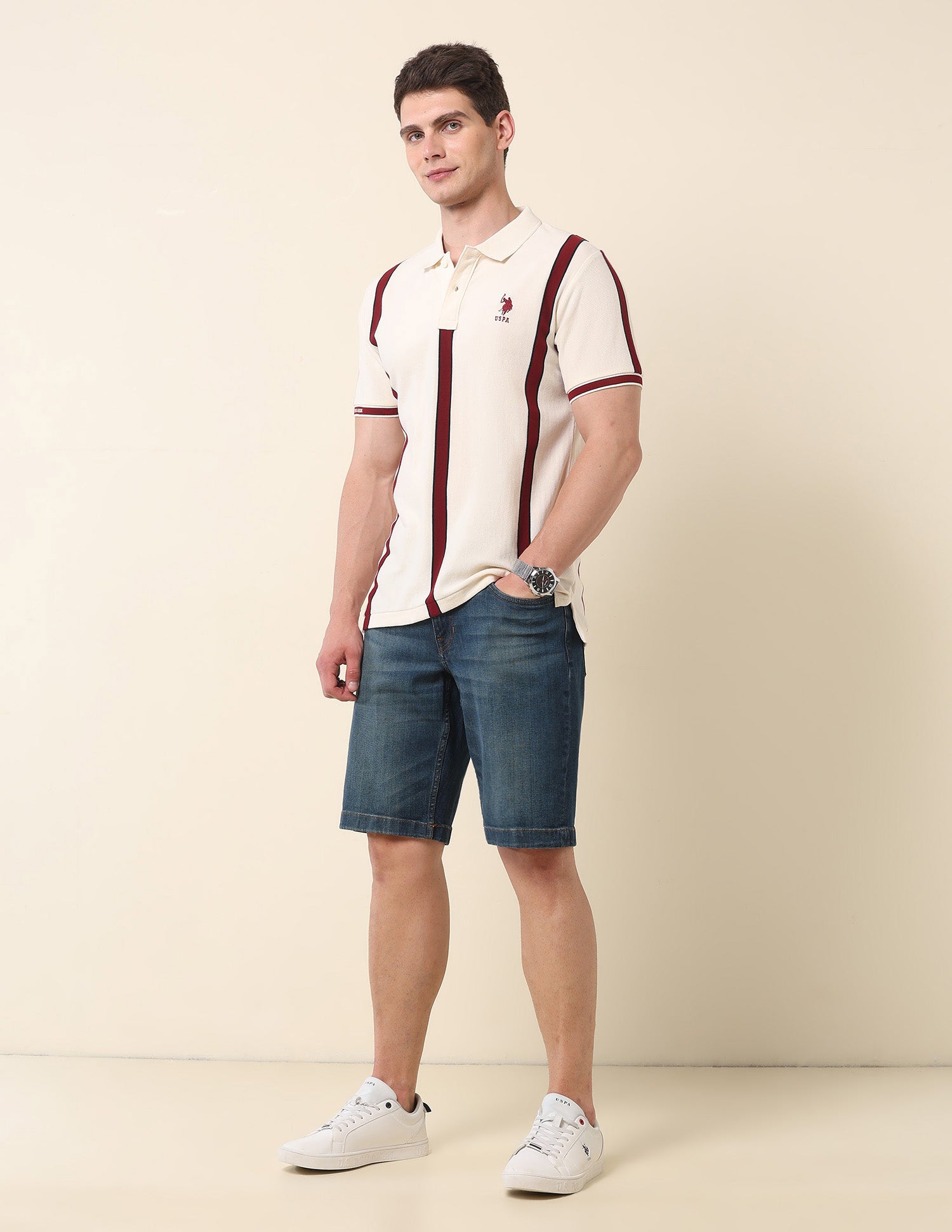 Vertical Striped Gold Cup Polo Shirt Off White - U.S. Polo Assn. India | Large