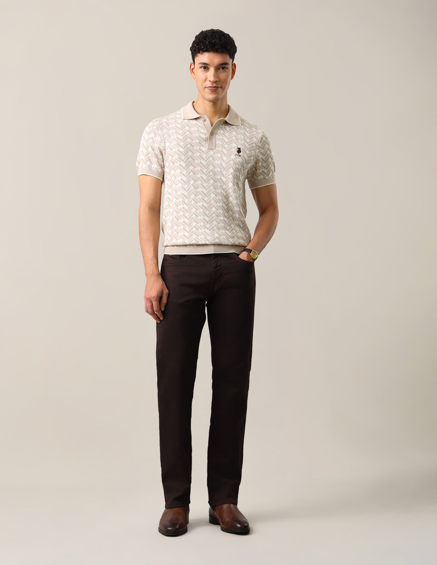 Geometric Patterned Knit Slim Fit Polo Shirt Beige - U.S. Polo Assn. India | Large