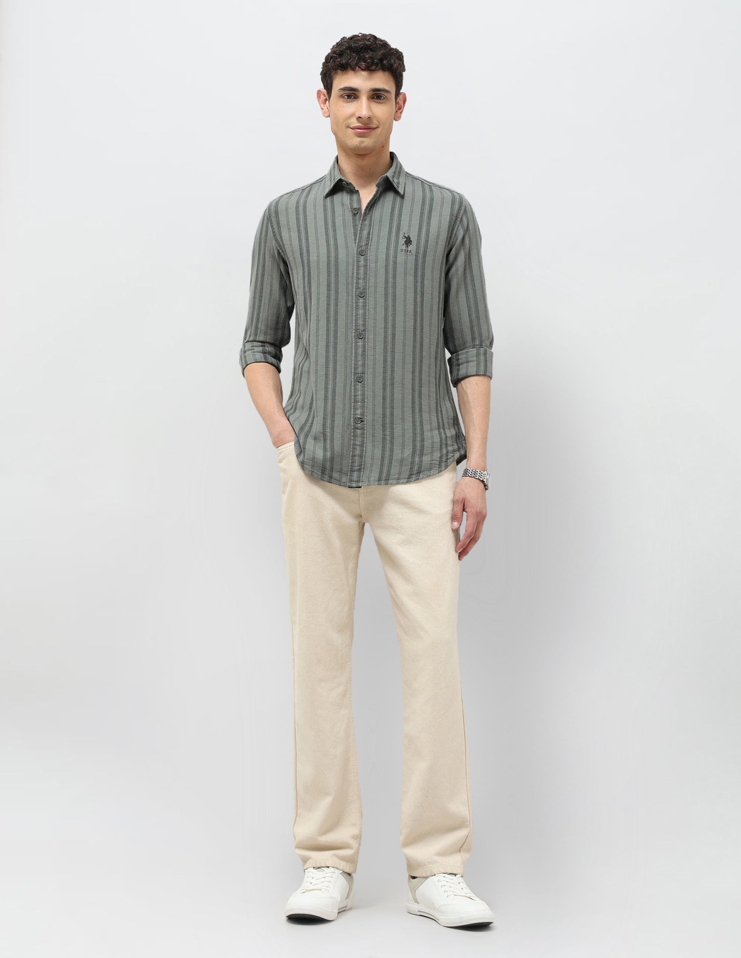 Vertical Striped Regular Fit Shirt Light Green - U.S. Polo Assn. India | Large