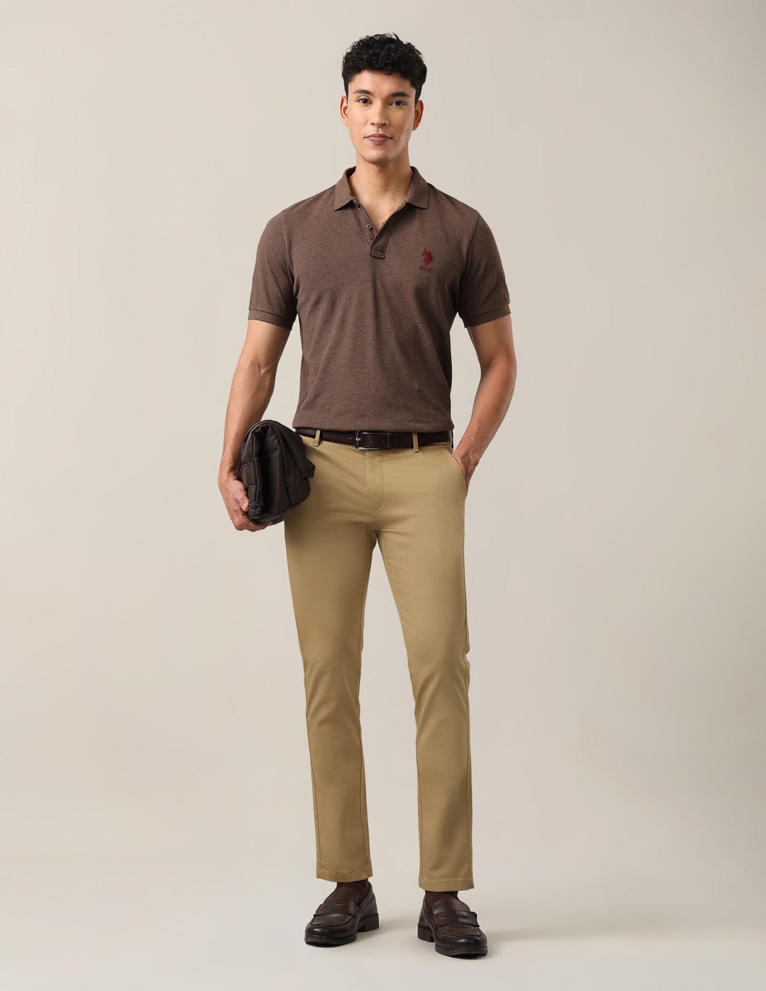 Denver Slim Fit Dobby Trousers Khaki - U.S. Polo Assn. India | Large