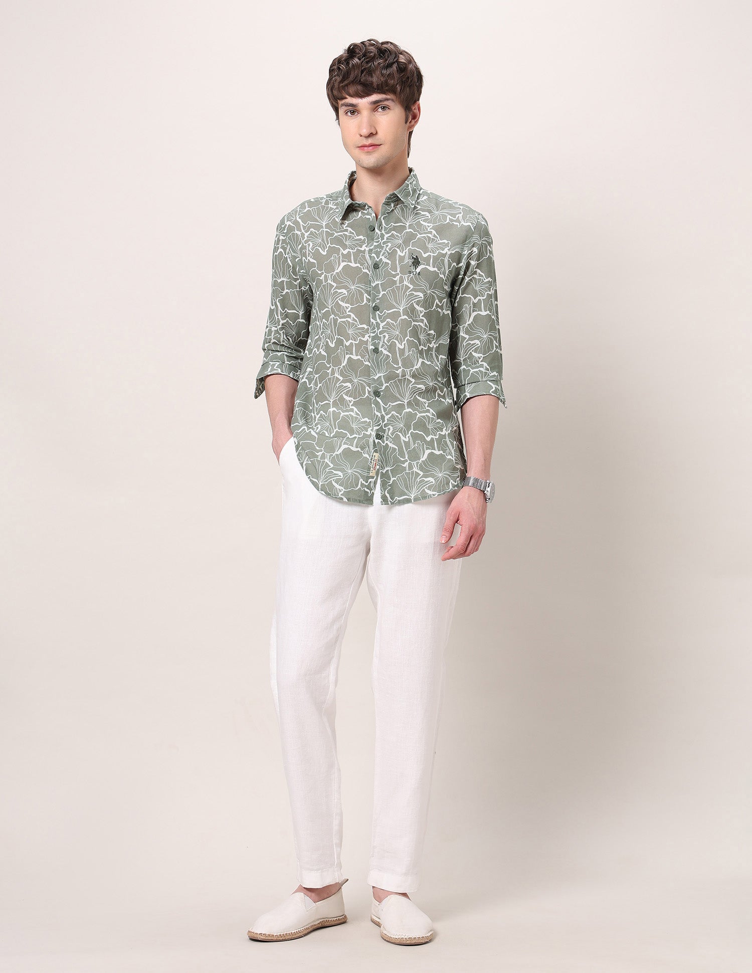Floral Printed Regular Fit Shirt Light Olive - U.S. Polo Assn. India | Large