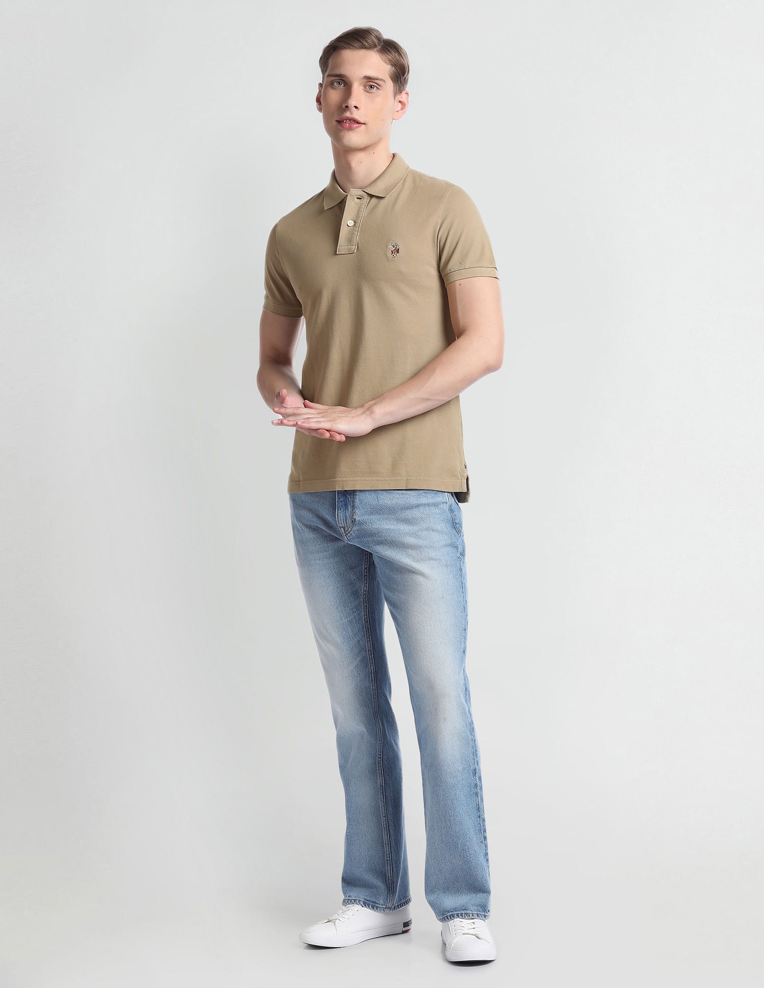 Solid Cotton Muscle Fit Polo Shirt Beige - U.S. Polo Assn. India | Large