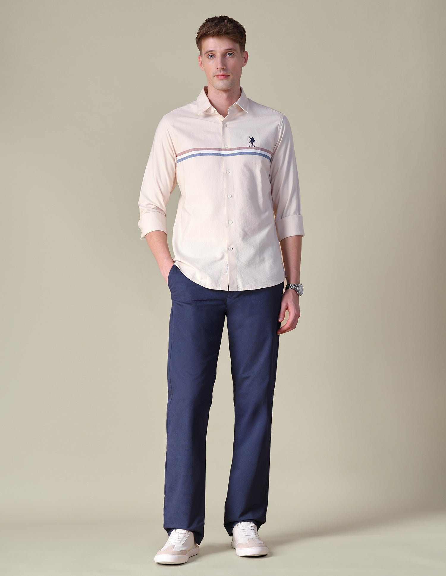 Oxford Horizontal Striped Shirt Beige - U.S. POLO ASSN. | Large