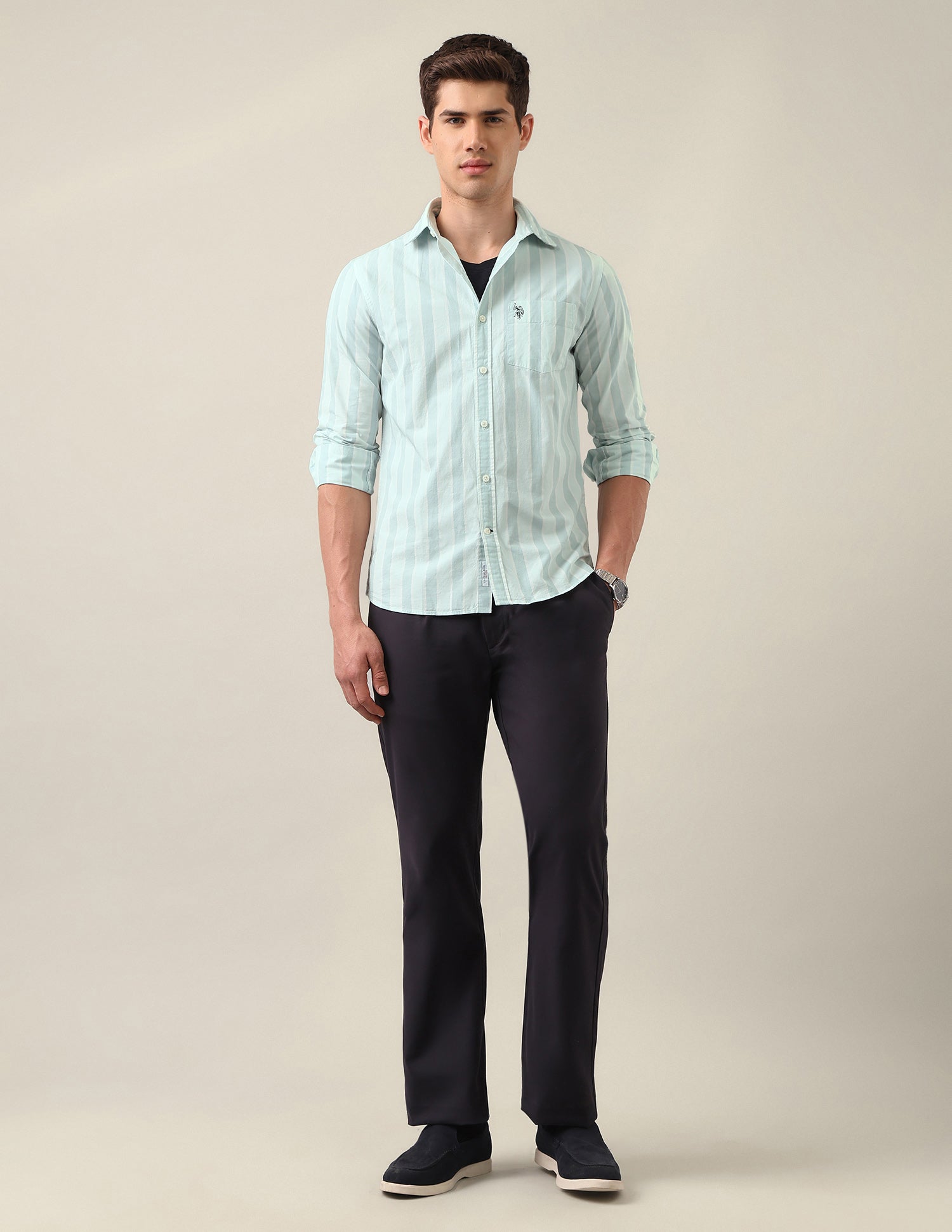 Tailored Fit Vertical Striped Shirt Green - U.S. Polo Assn. India | Large