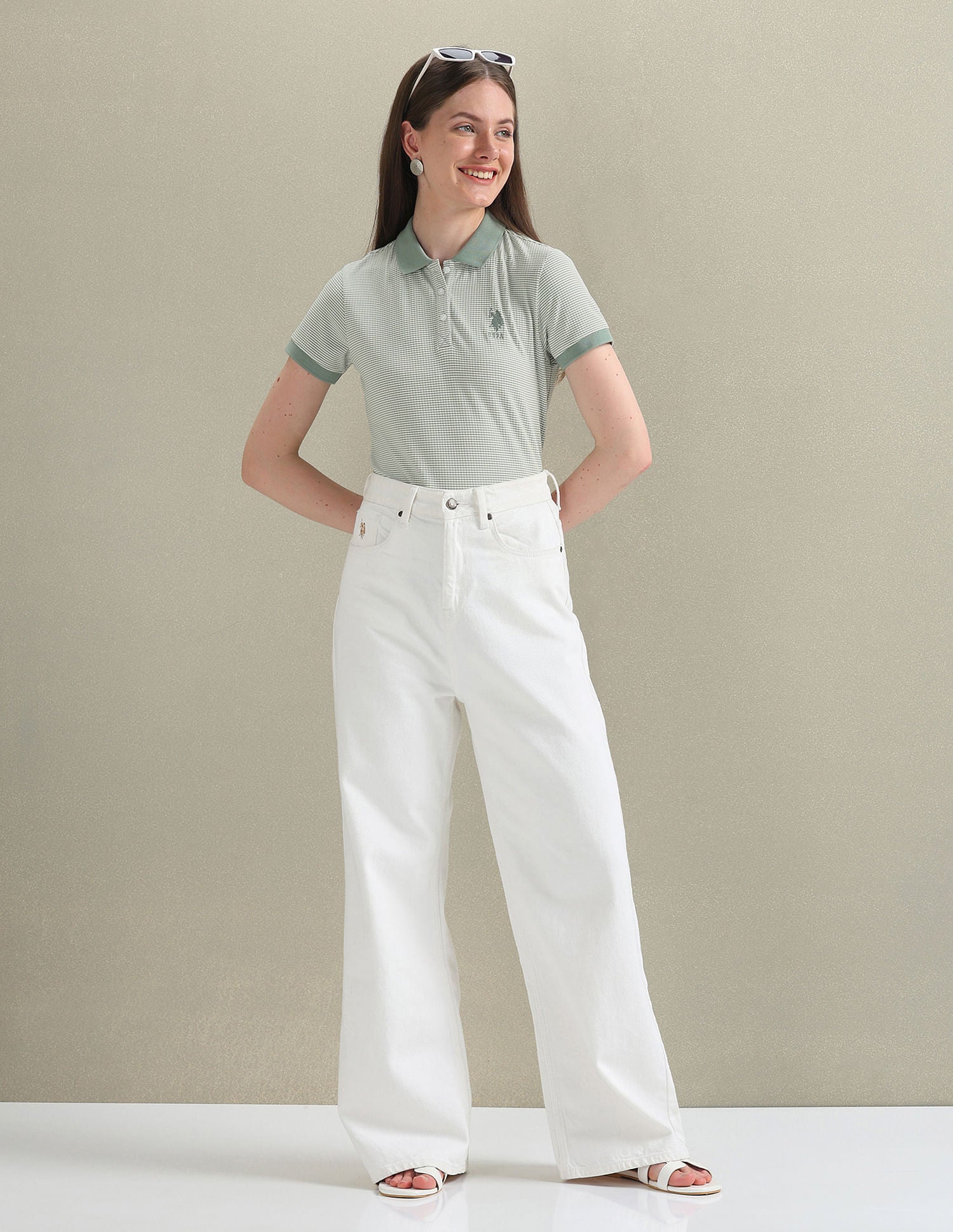 Ribbed Collar Patterned Polo Shirt Light Green - U.S. POLO ASSN. | Large