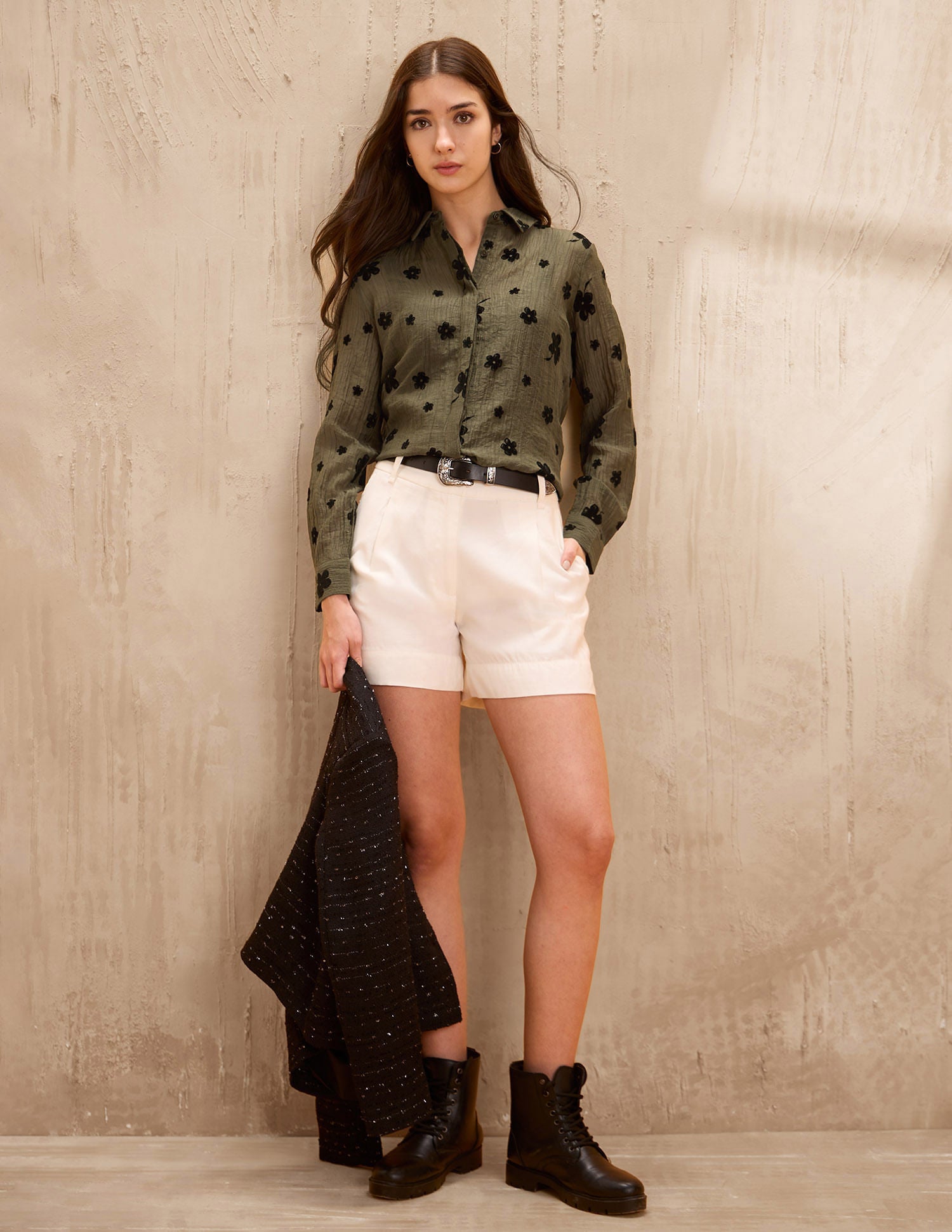 Semi-Sheer Floral Flock Shirt Brown - U.S. POLO ASSN. | Large