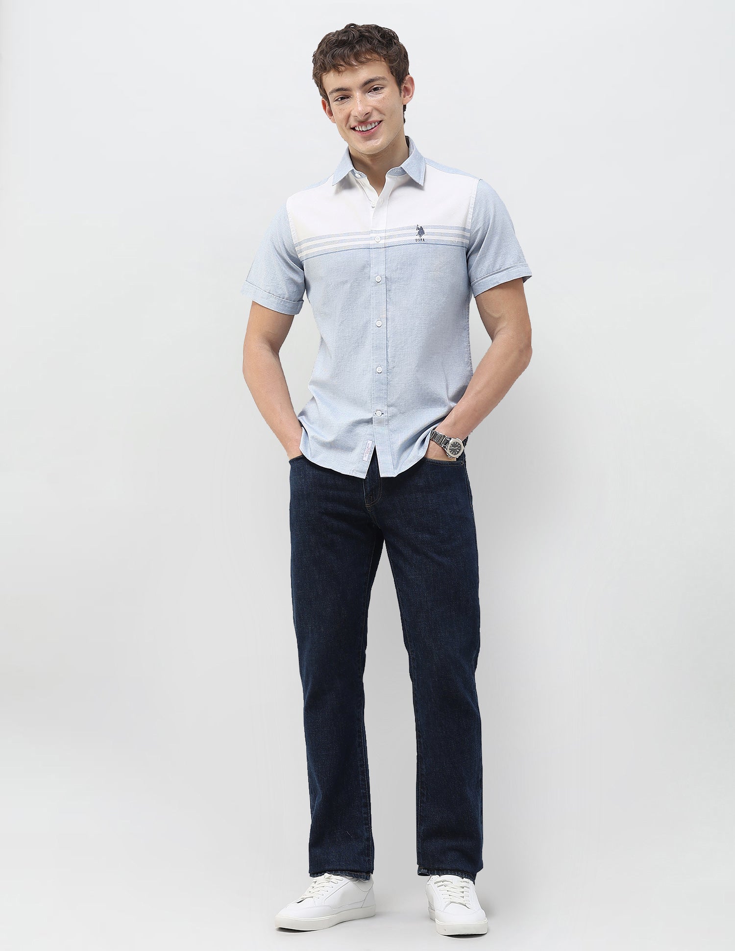 Solid Stripe Detail Regular Fit Shirt Blue - U.S. Polo Assn. India | Large