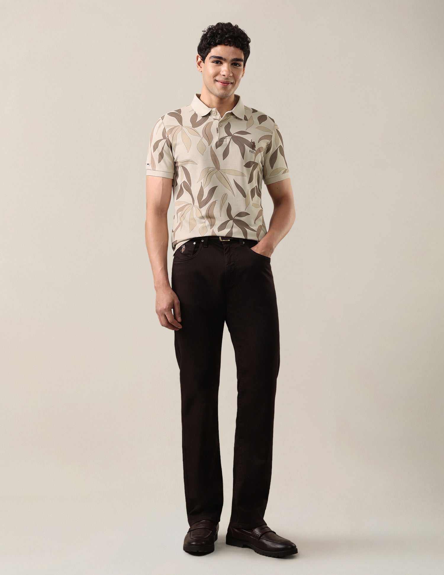 Tropical Printed Slim Fit Polo Shirt Beige - U.S. Polo Assn. India | Large