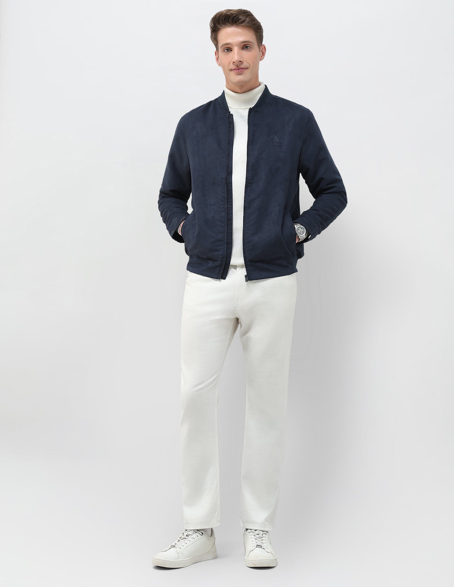 Solid Regular Fit Bomber Jacket Navy - U.S. Polo Assn. India | Large