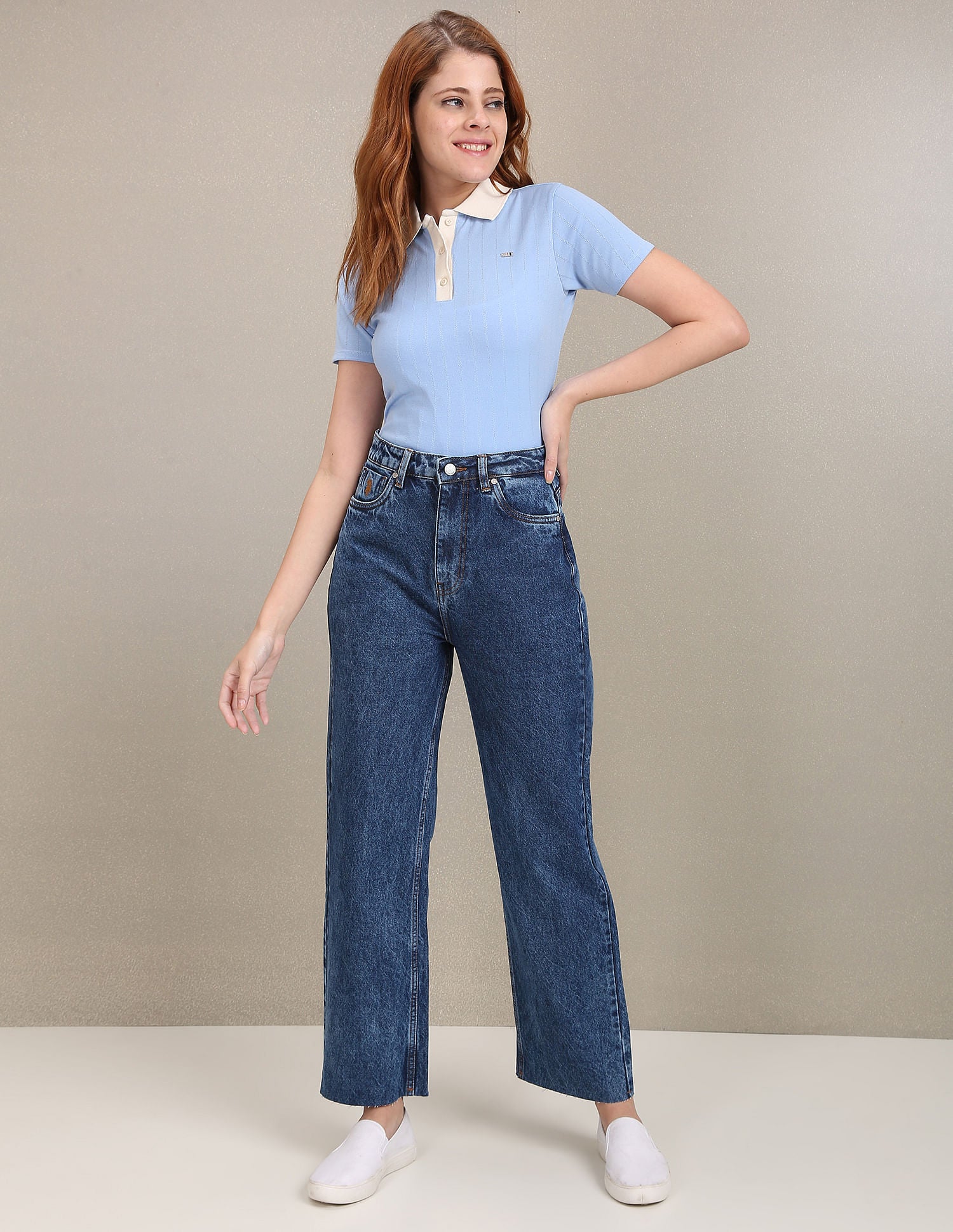 Acid Wash Unfinished Hem Wide Leg Jeans Dark Blue - U.S. Polo Assn. India | Large
