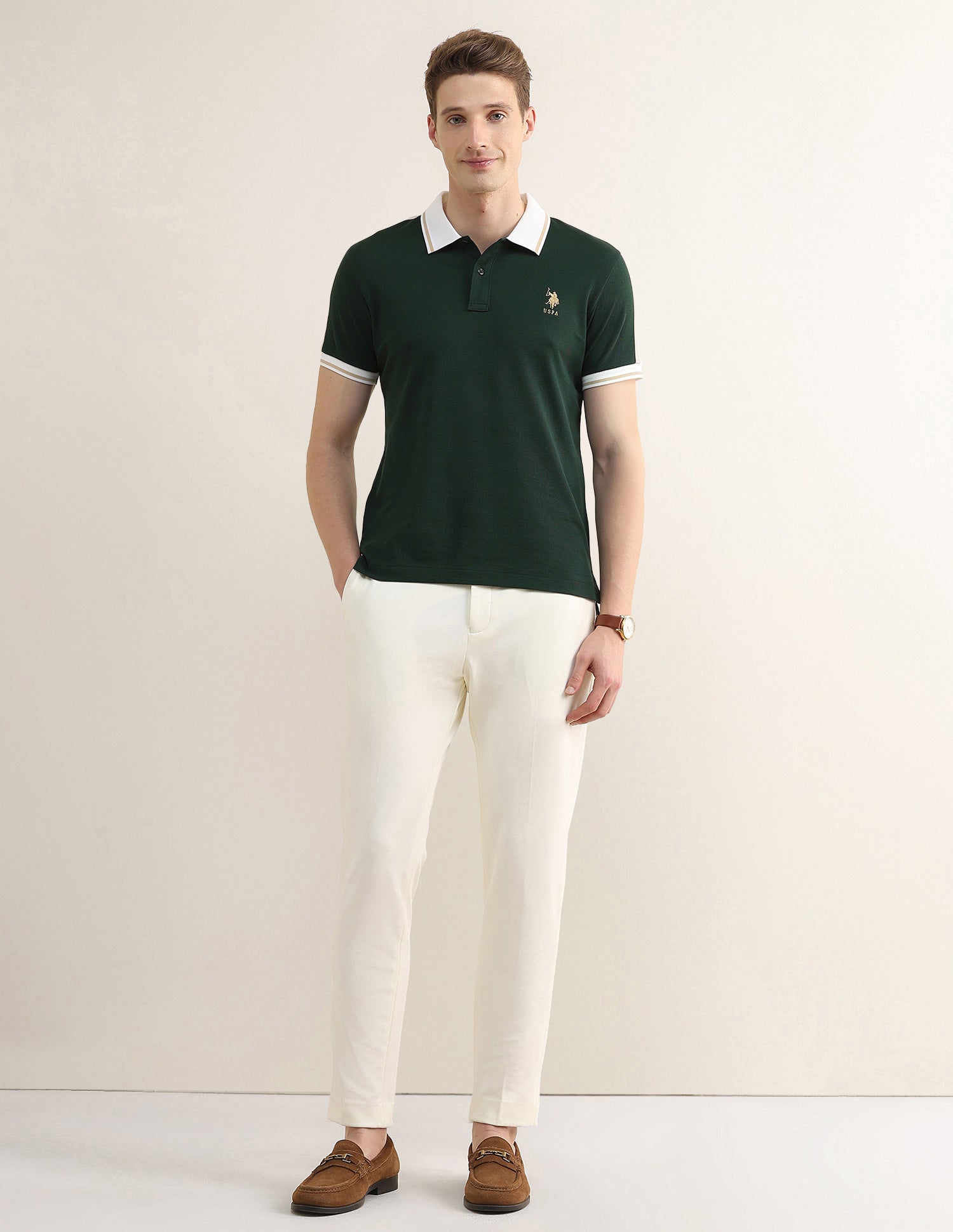 Solid Stripe Detail Slim Fit Polo Shirt Green - U.S. Polo Assn. India | Large