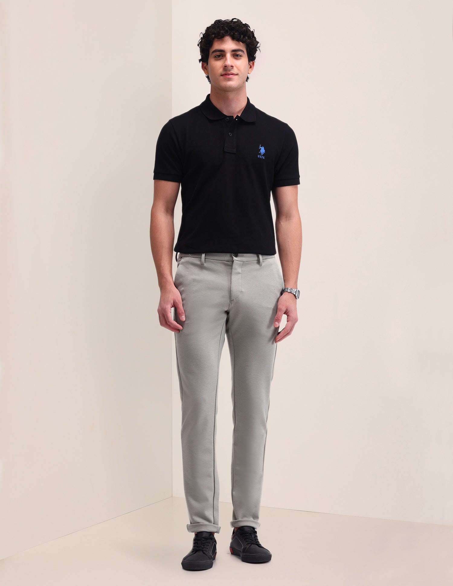 Solid Cotton Slim Fit Polo Shirt Black - U.S. Polo Assn. India | Large