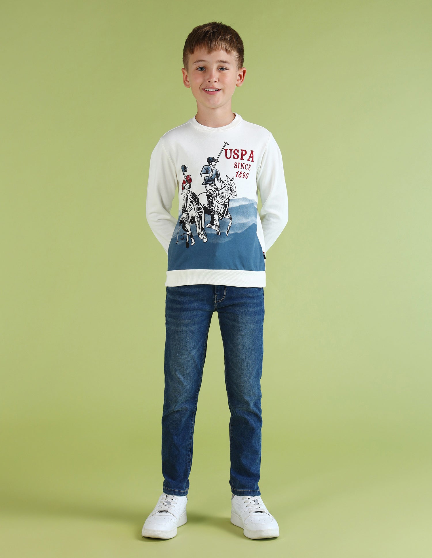Boys Brand Printed Regular Fit Sweatshirt White - U.S. Polo Assn. India | Large