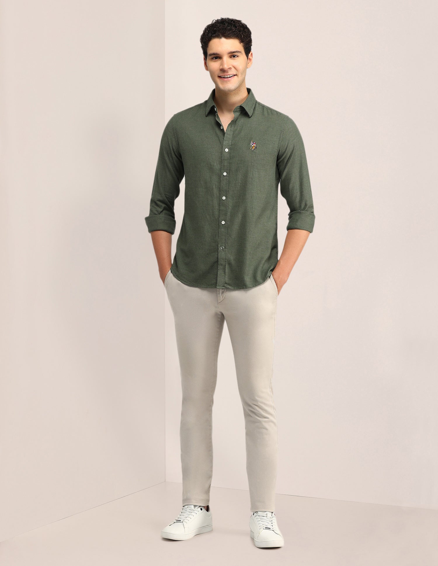 Textured Tailored Fit Shirt Olive - U.S. Polo Assn. India | Large